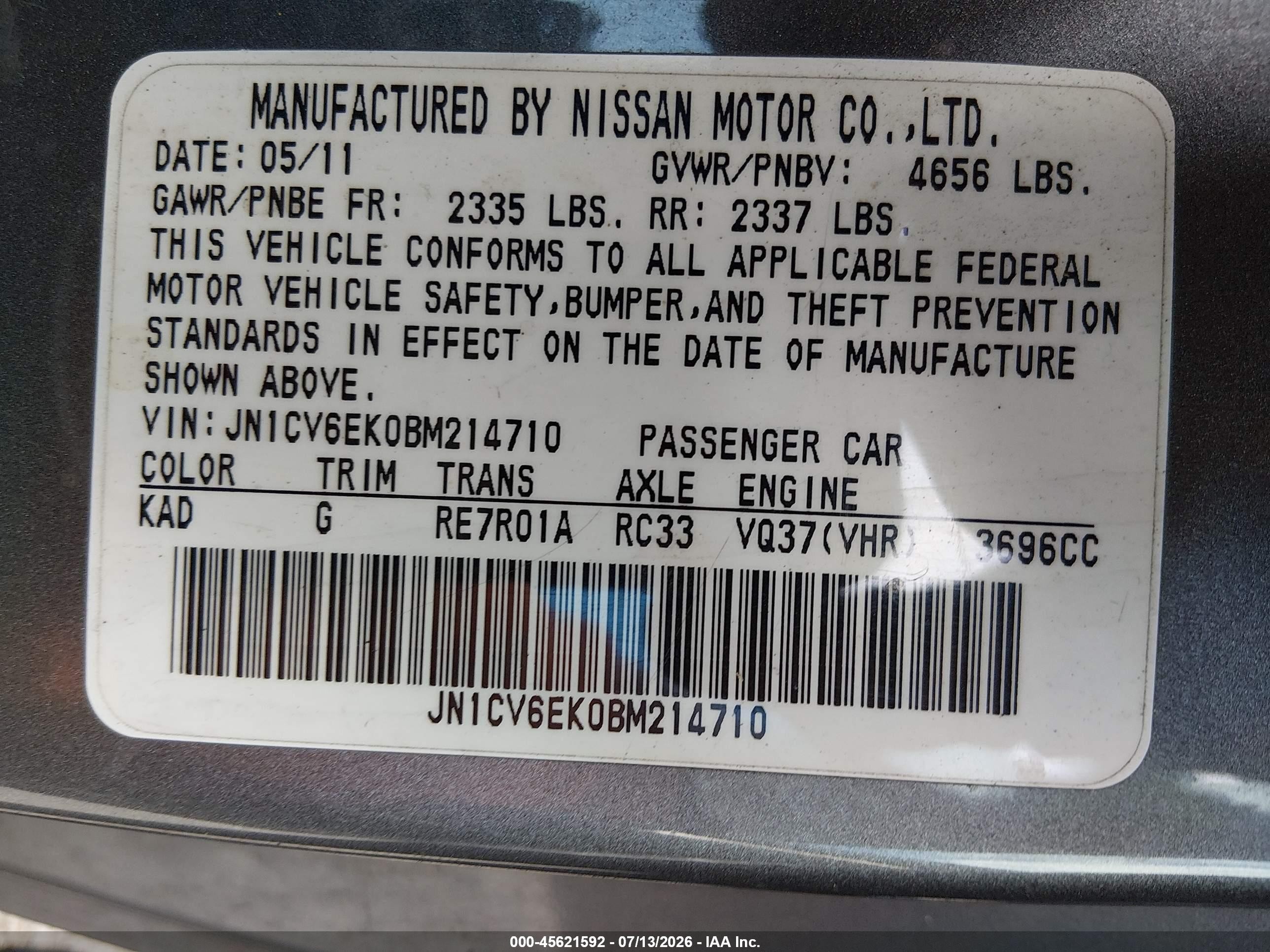 2011 Infiniti G37 Journey Gray vin: JN1CV6EK0BM214710