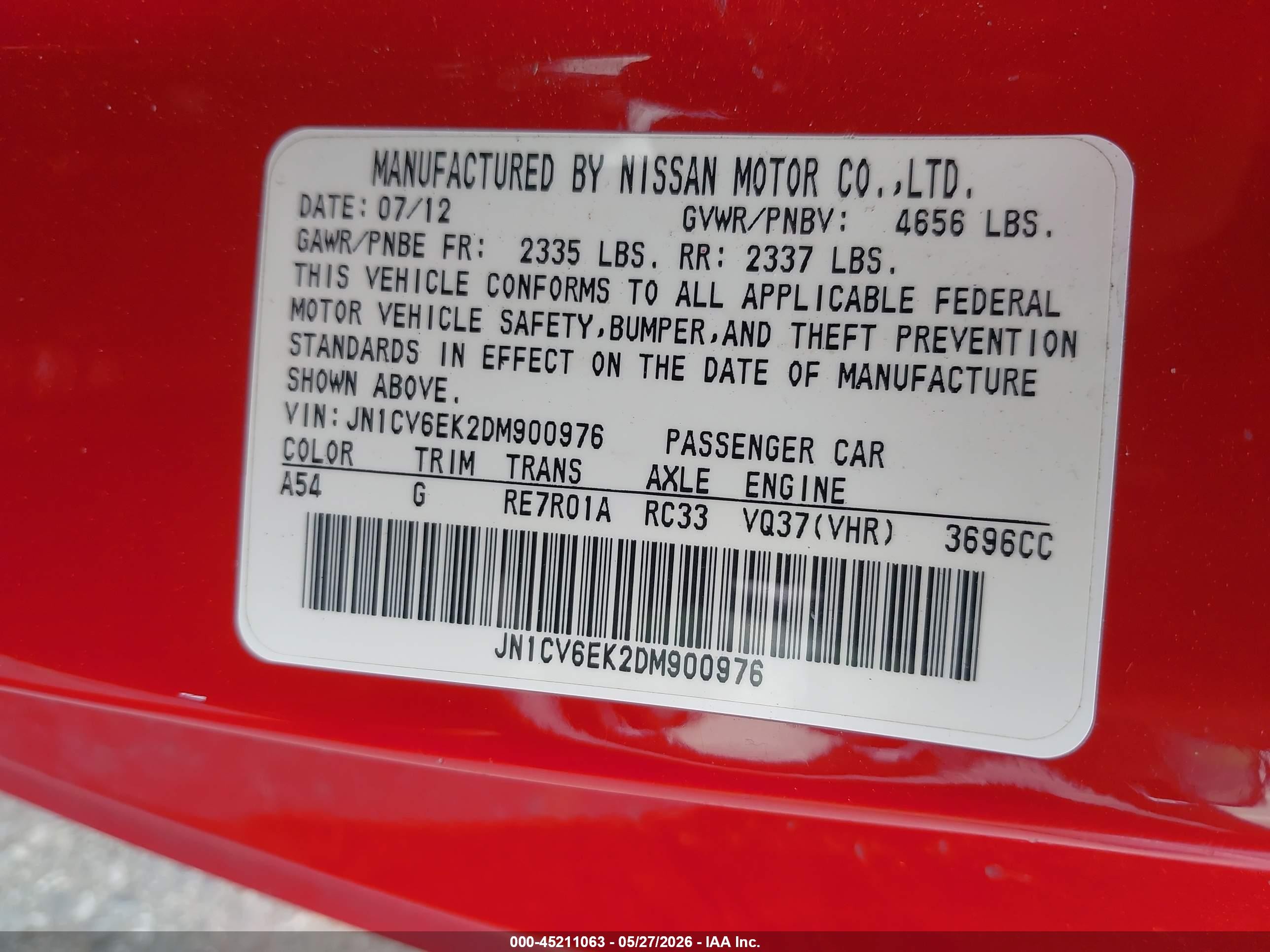 2013 Infiniti G37 Journey Red vin: JN1CV6EK2DM900976