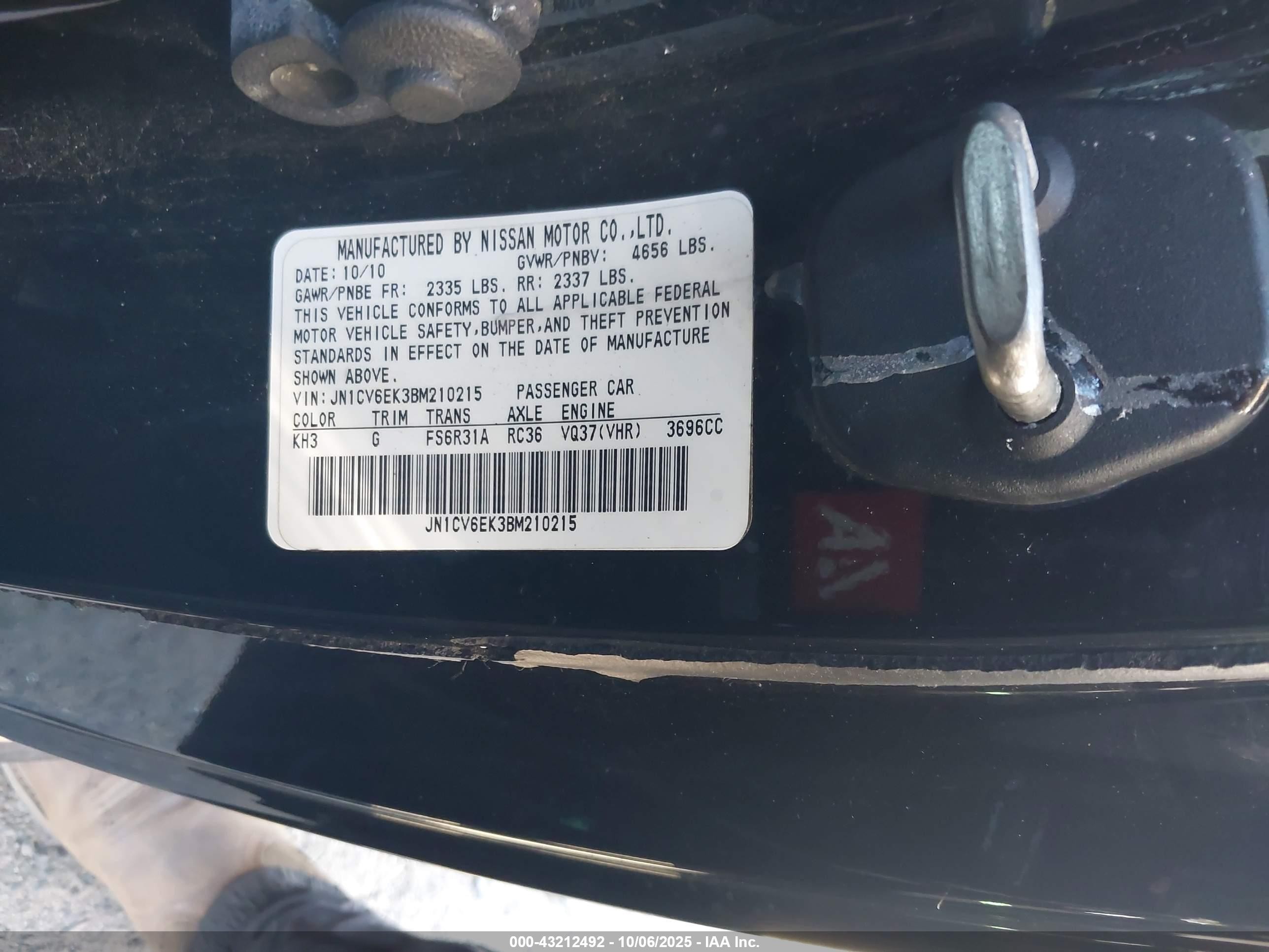 2011 Infiniti G37 Sport Black vin: JN1CV6EK3BM210215