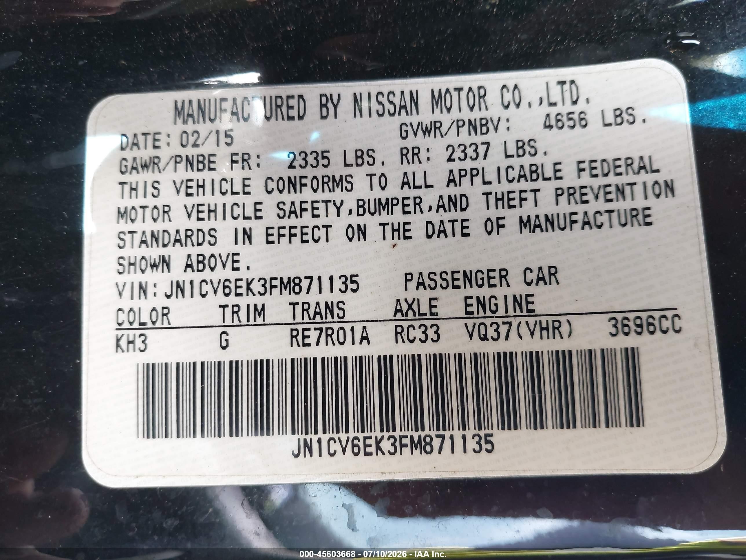 2015 Infiniti Q60 Journey Black vin: JN1CV6EK3FM871135