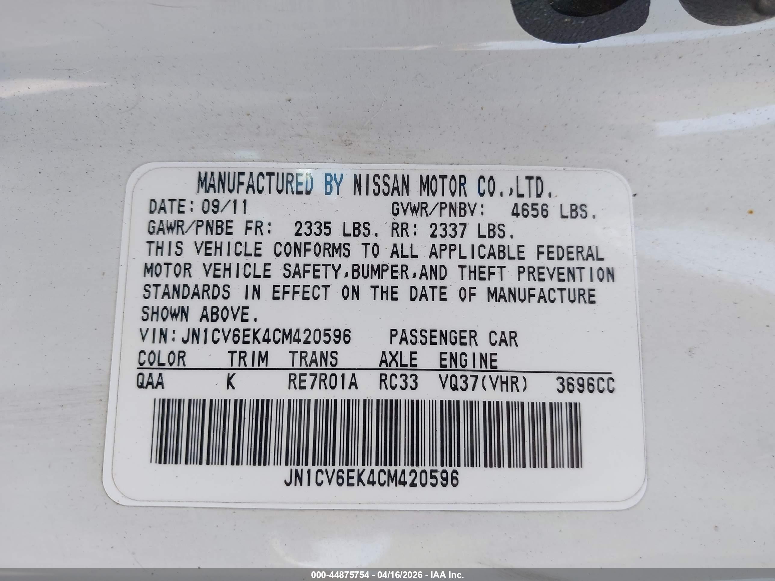 2012 Infiniti G37 Journey White vin: JN1CV6EK4CM420596