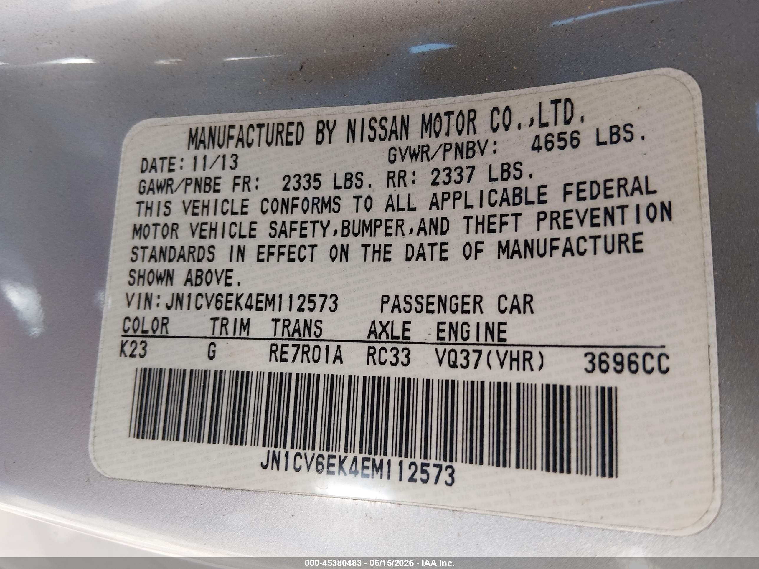 2014 Infiniti Q60 Journey Silver vin: JN1CV6EK4EM112573