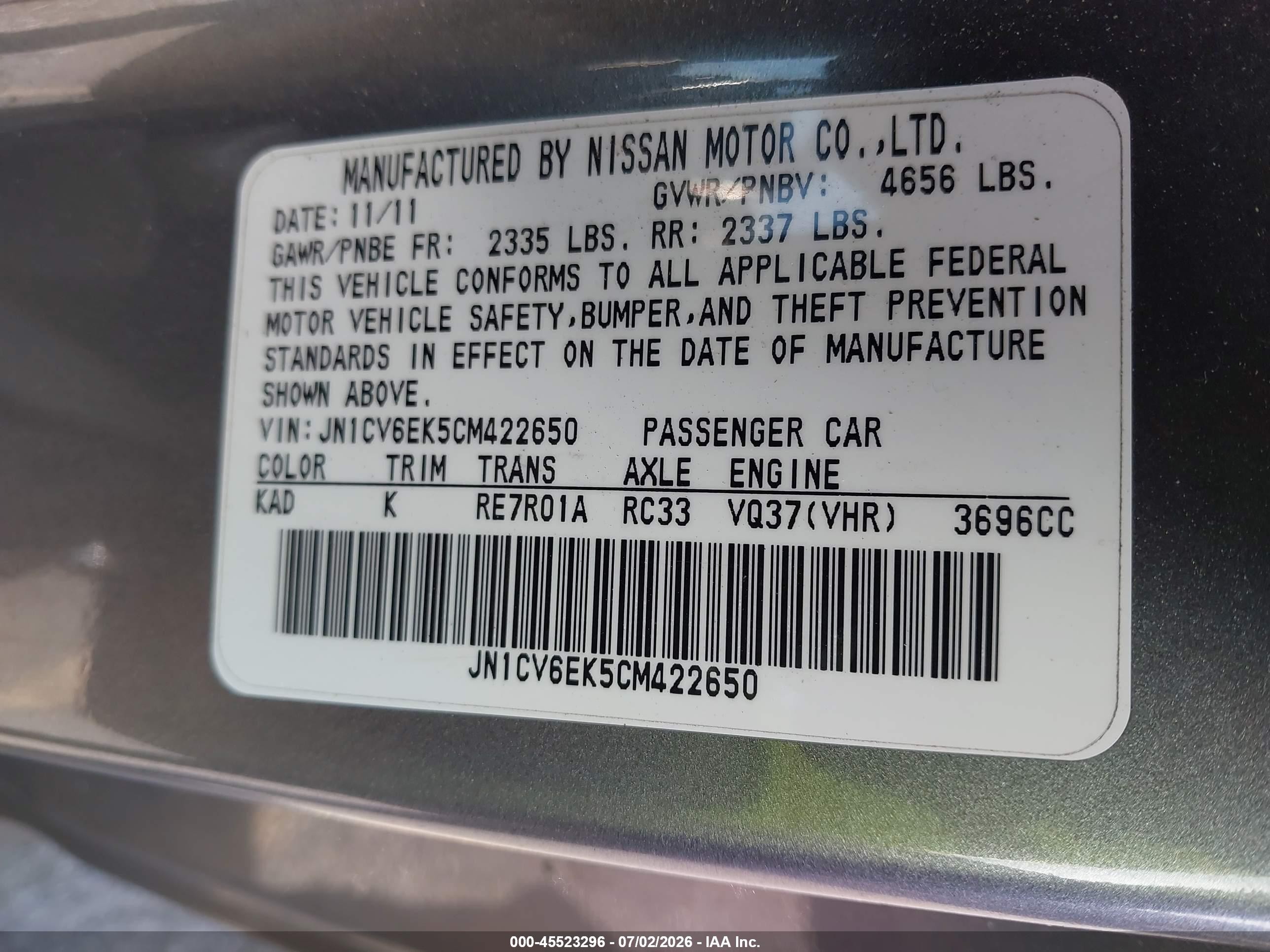 2012 Infiniti G37 Journey Gray vin: JN1CV6EK5CM422650