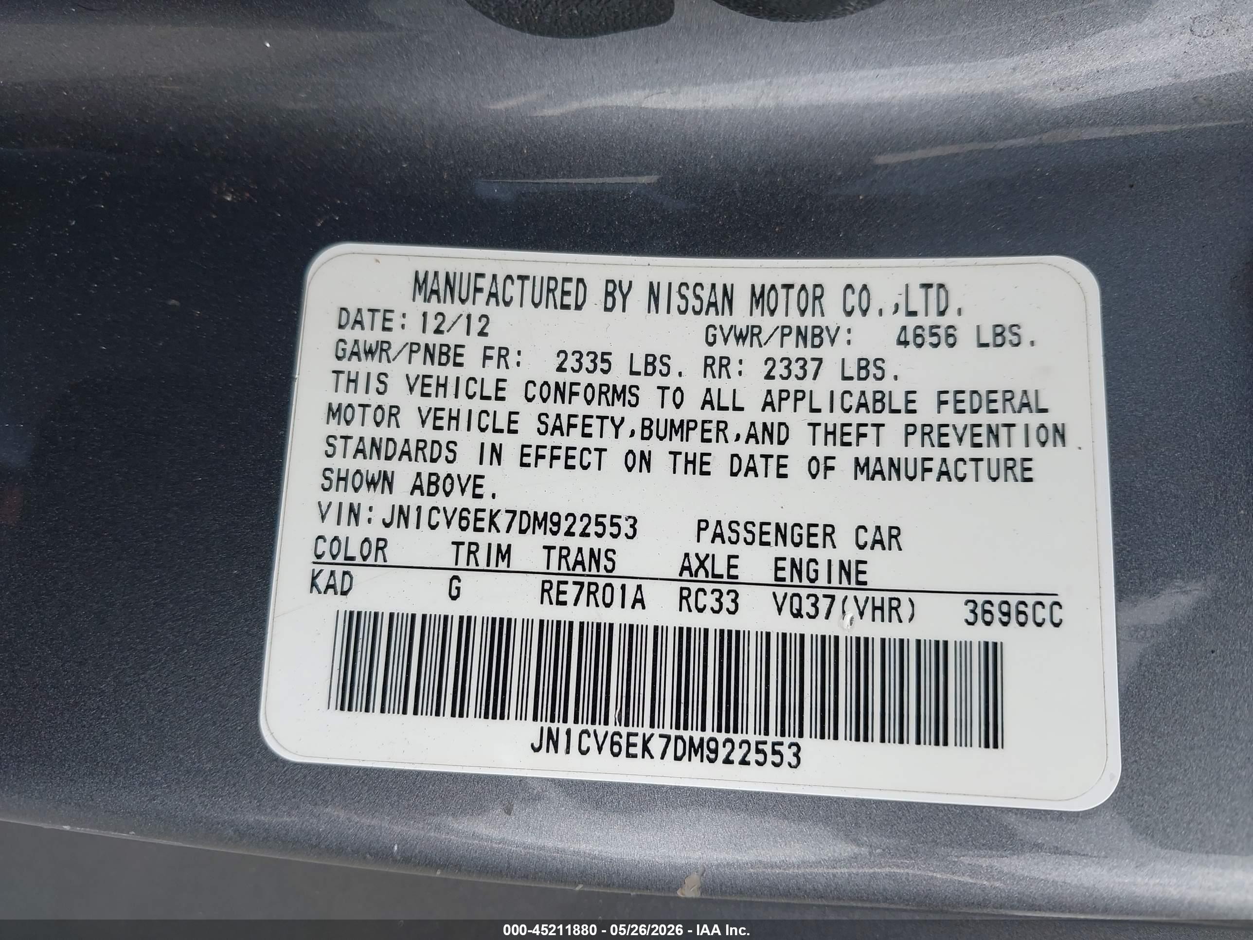 2013 Infiniti G37 Journey Gray vin: JN1CV6EK7DM922553