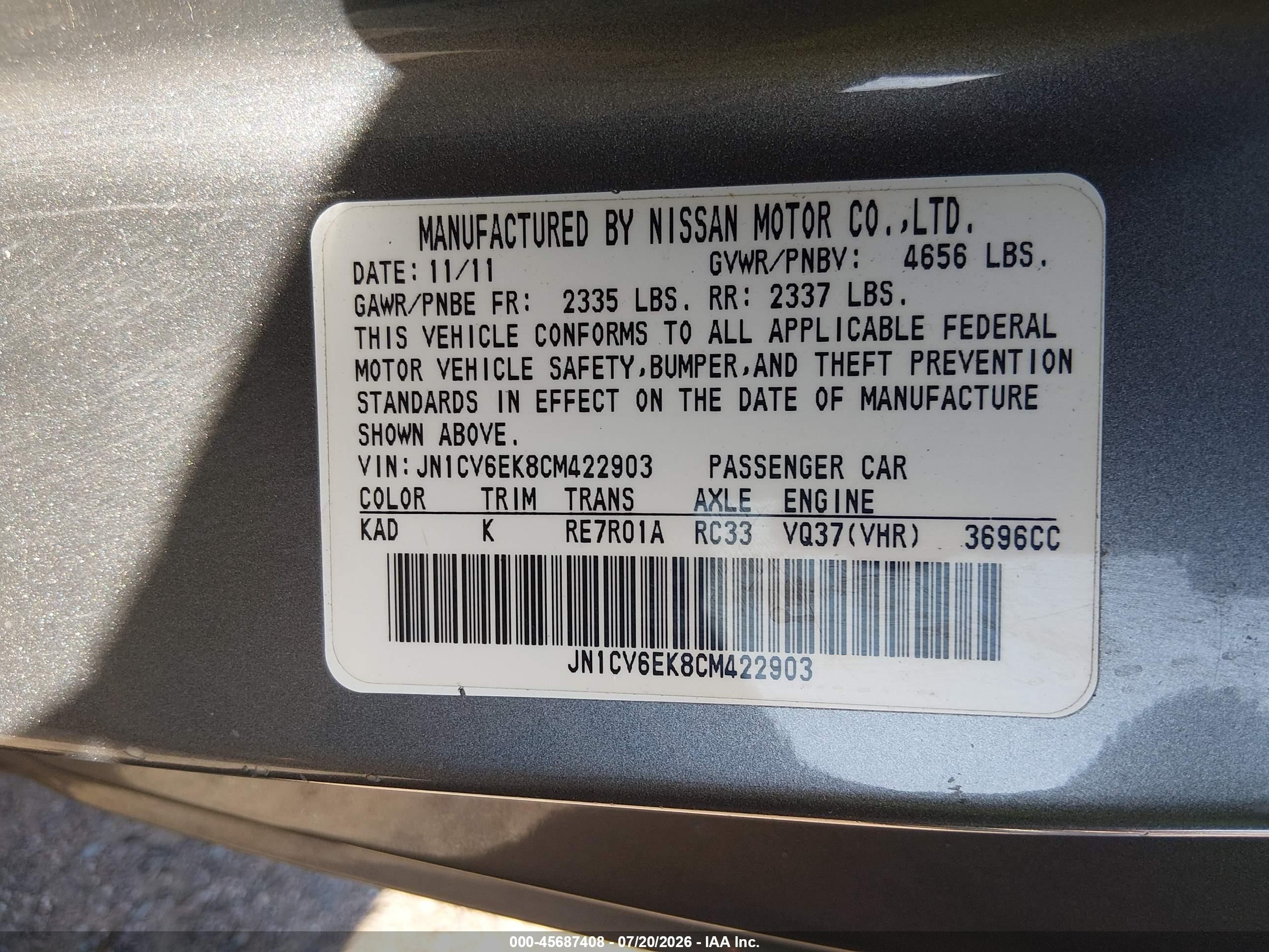2012 Infiniti G37 Journey Gray vin: JN1CV6EK8CM422903