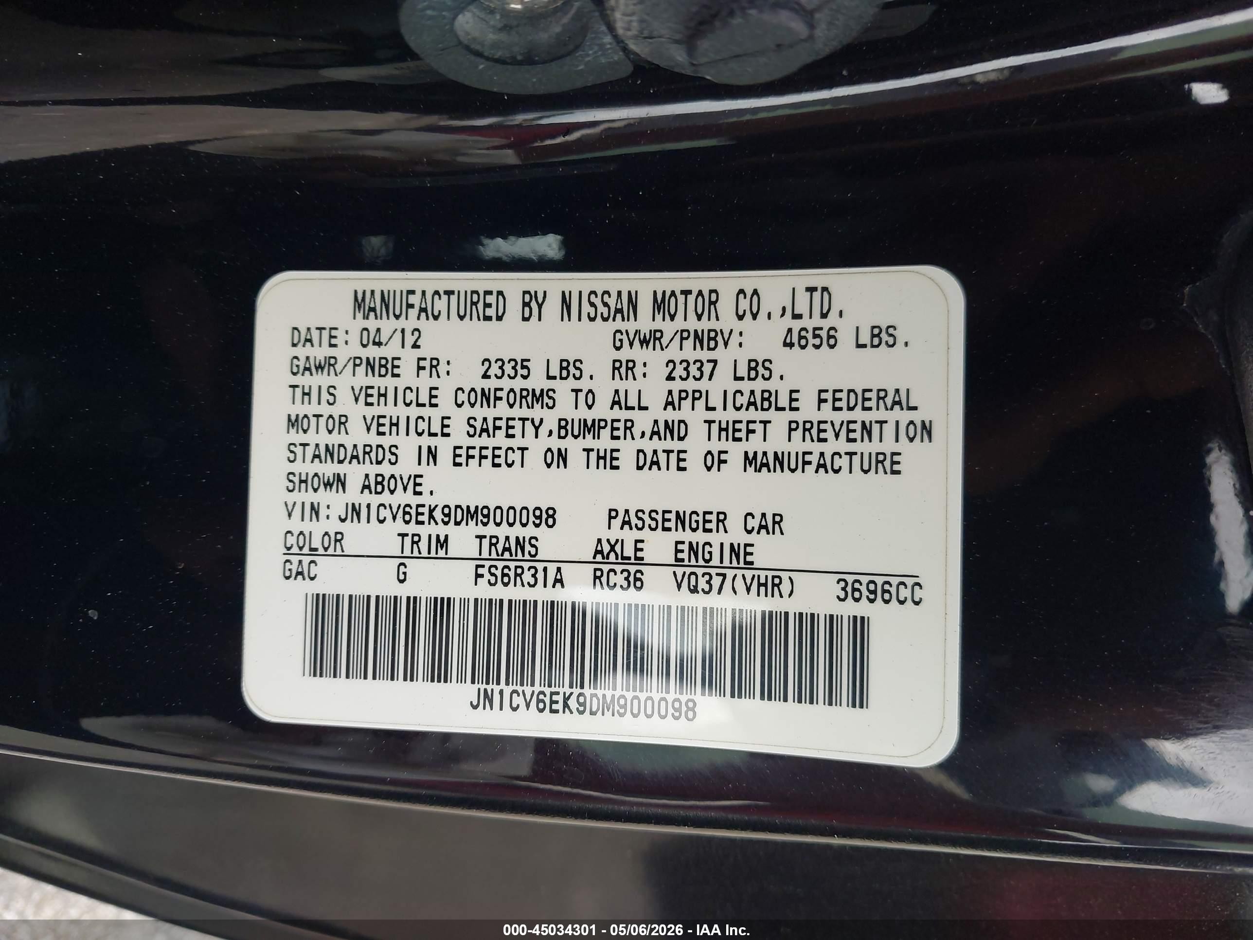 2013 Infiniti Ipl G   Black vin: JN1CV6EK9DM900098