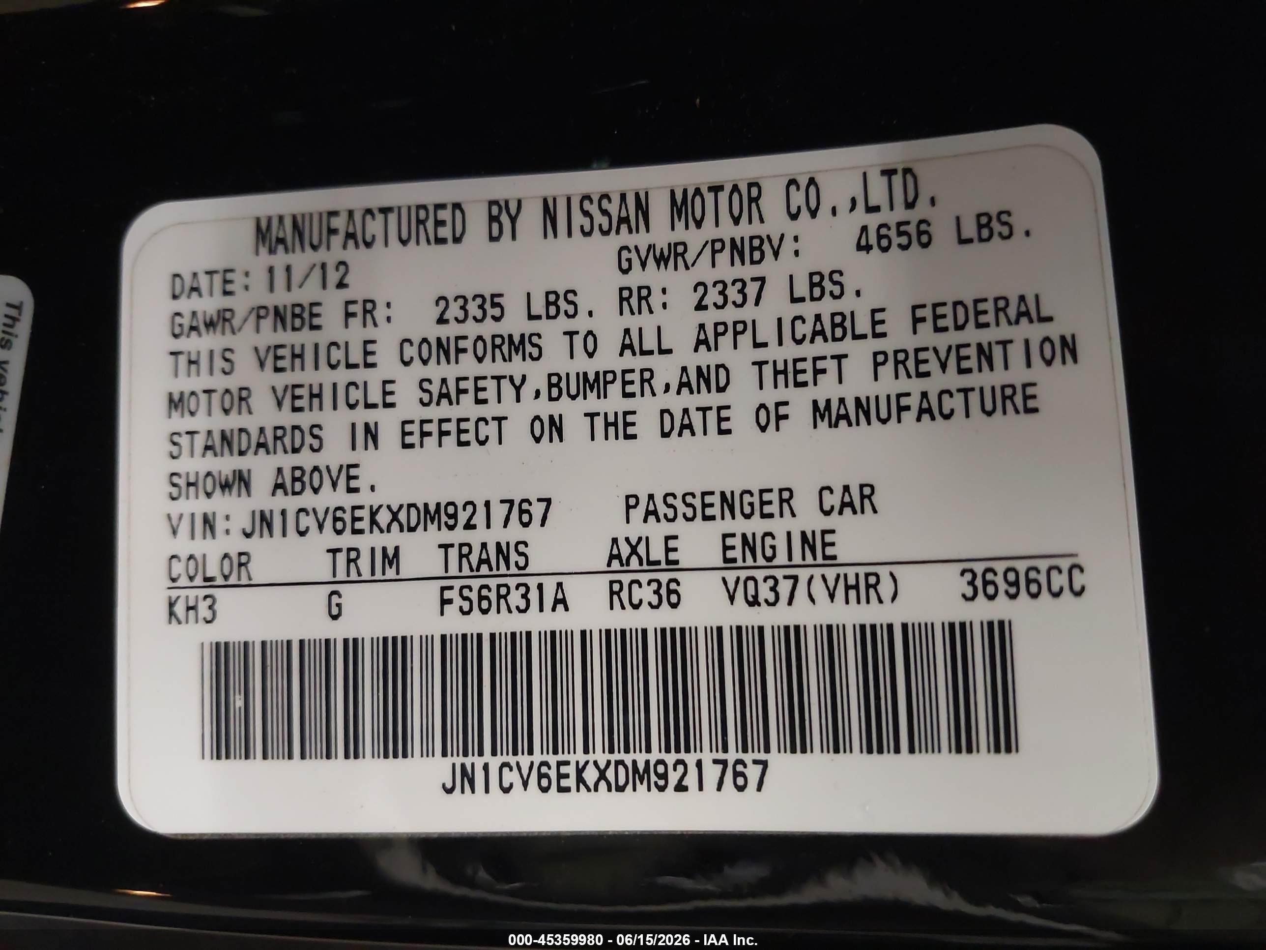 2013 Infiniti G37 Sport Black vin: JN1CV6EKXDM921767