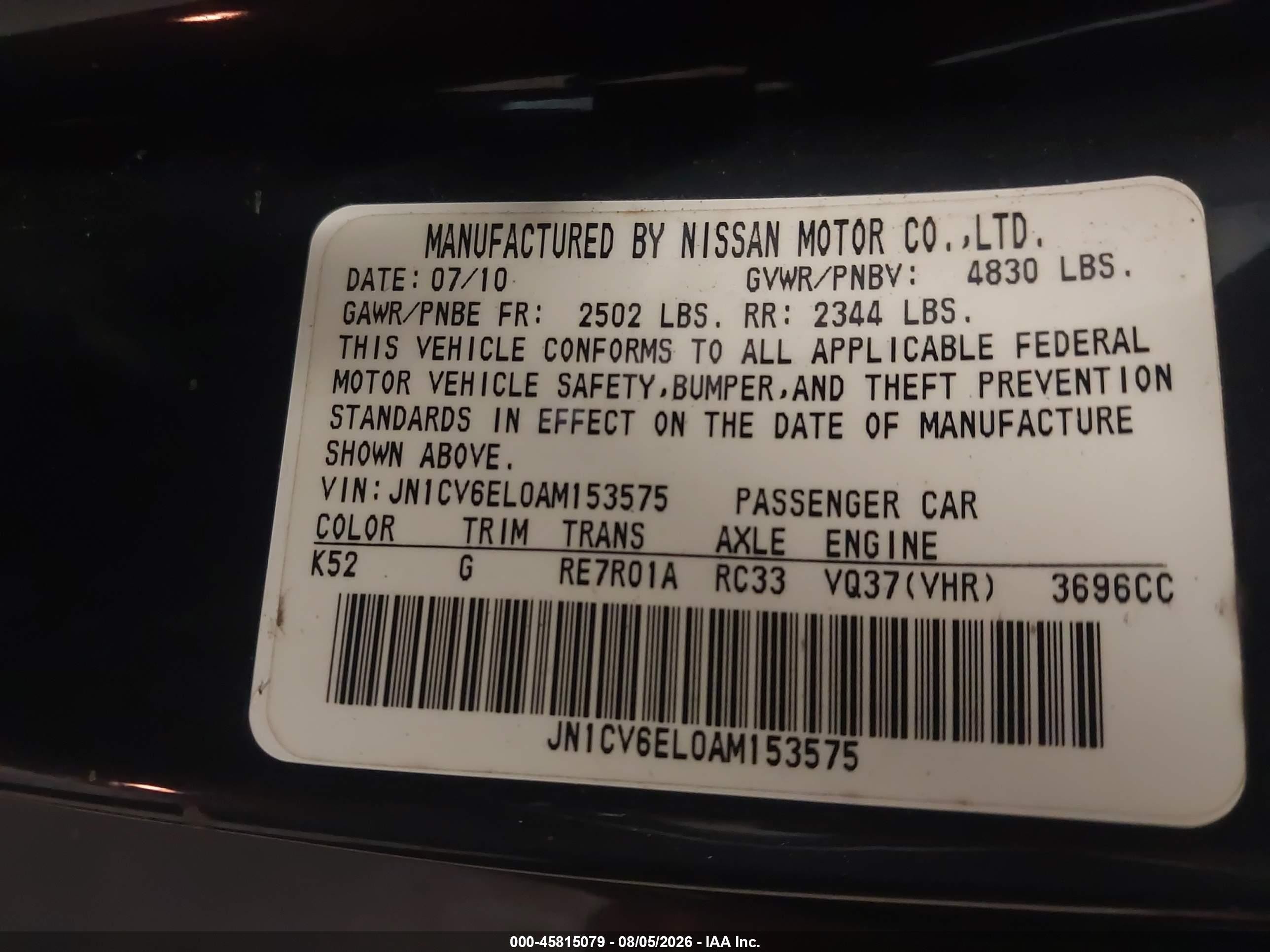 2010 Infiniti G37x Gray vin: JN1CV6EL0AM153575