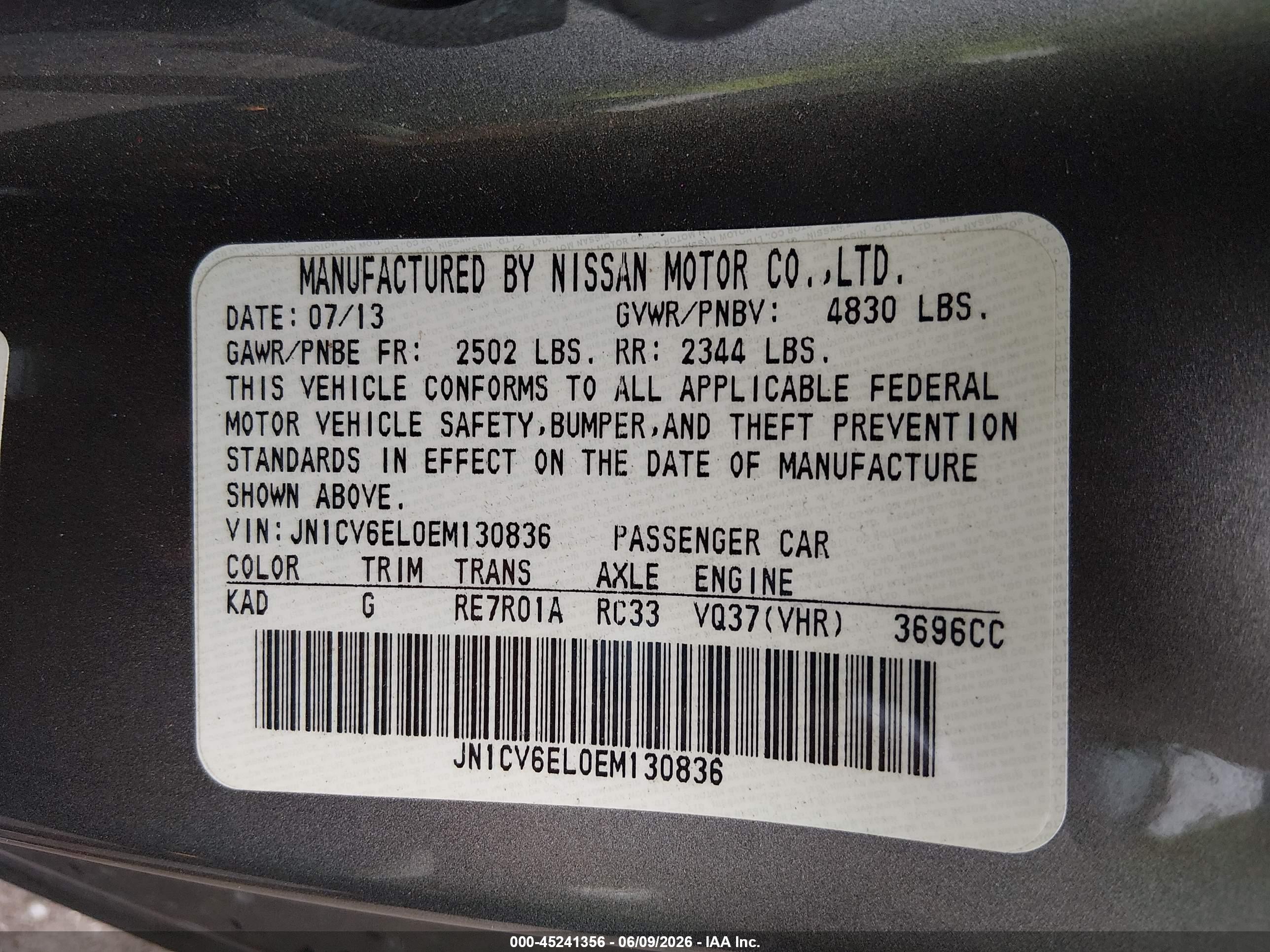2014 Infiniti Q60 Gray vin: JN1CV6EL0EM130836