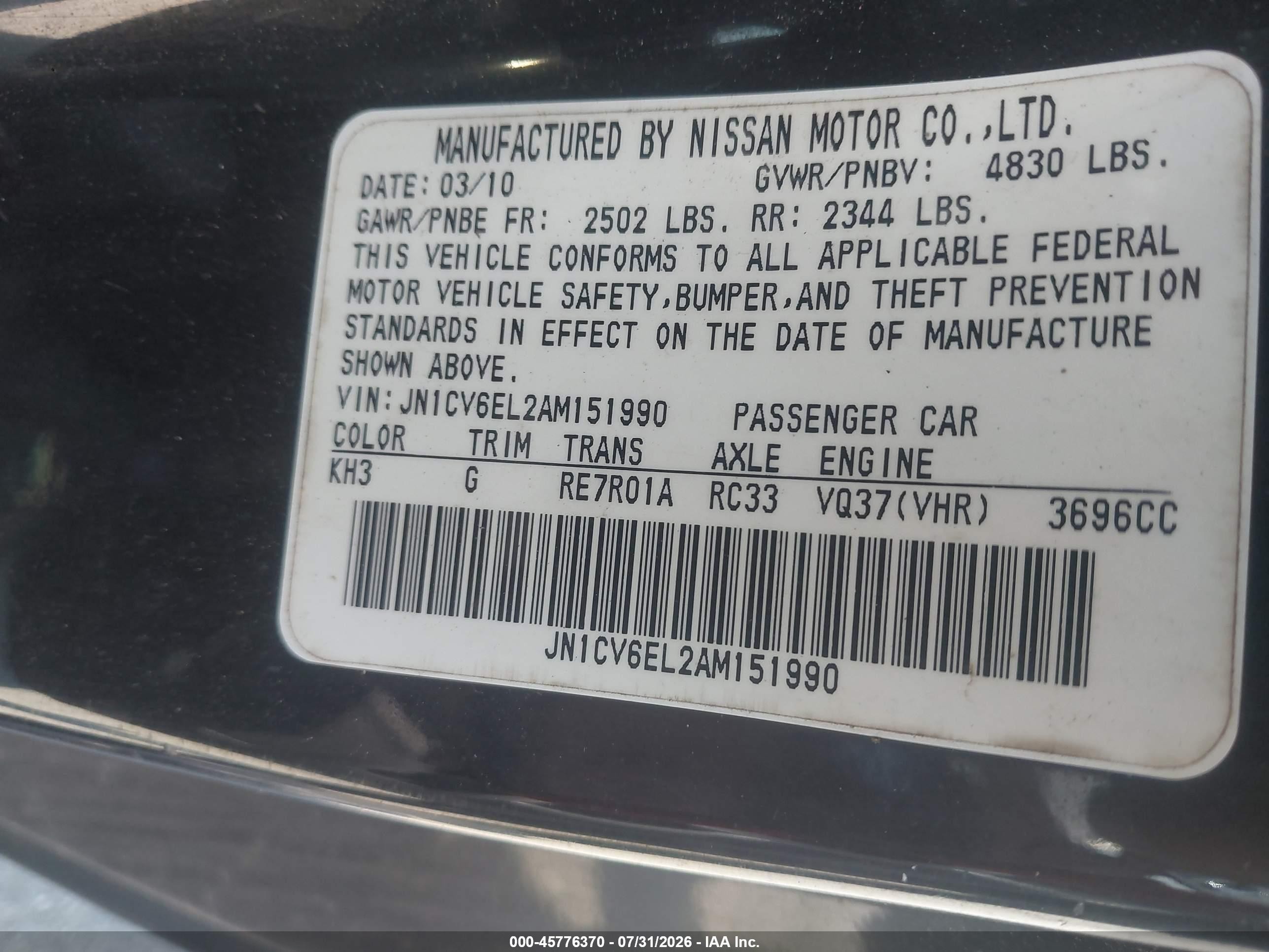 2010 Infiniti G37x   Black vin: JN1CV6EL2AM151990