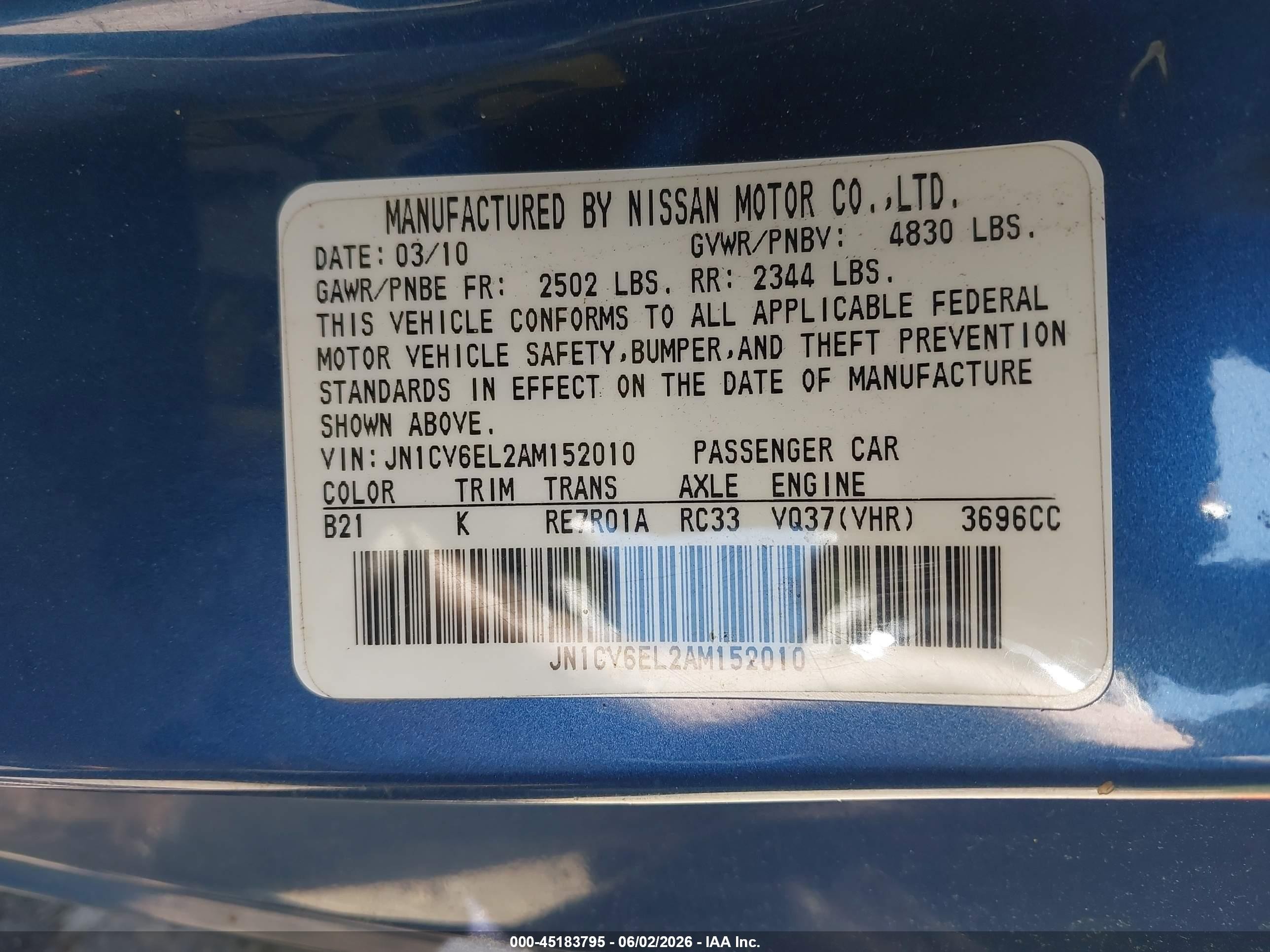 2010 Infiniti G37x   Blue vin: JN1CV6EL2AM152010