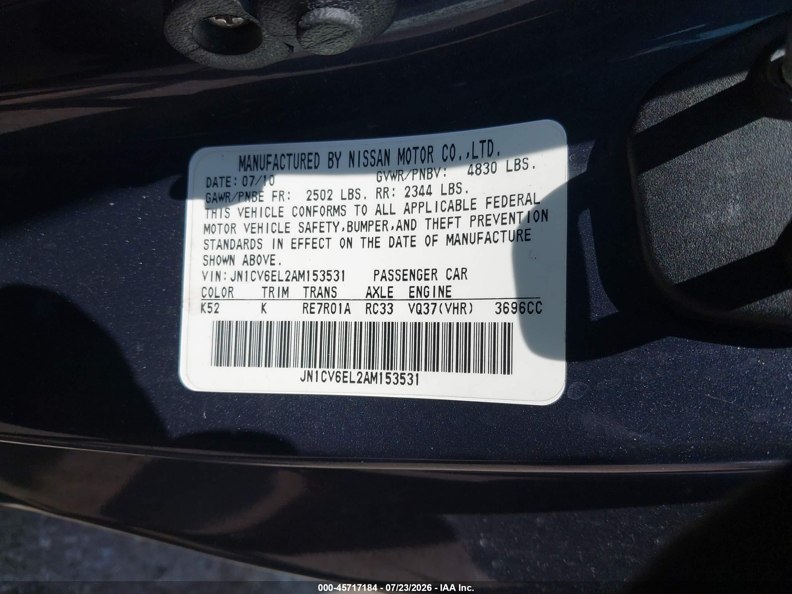 2010 Infiniti G37x   Gray vin: JN1CV6EL2AM153531