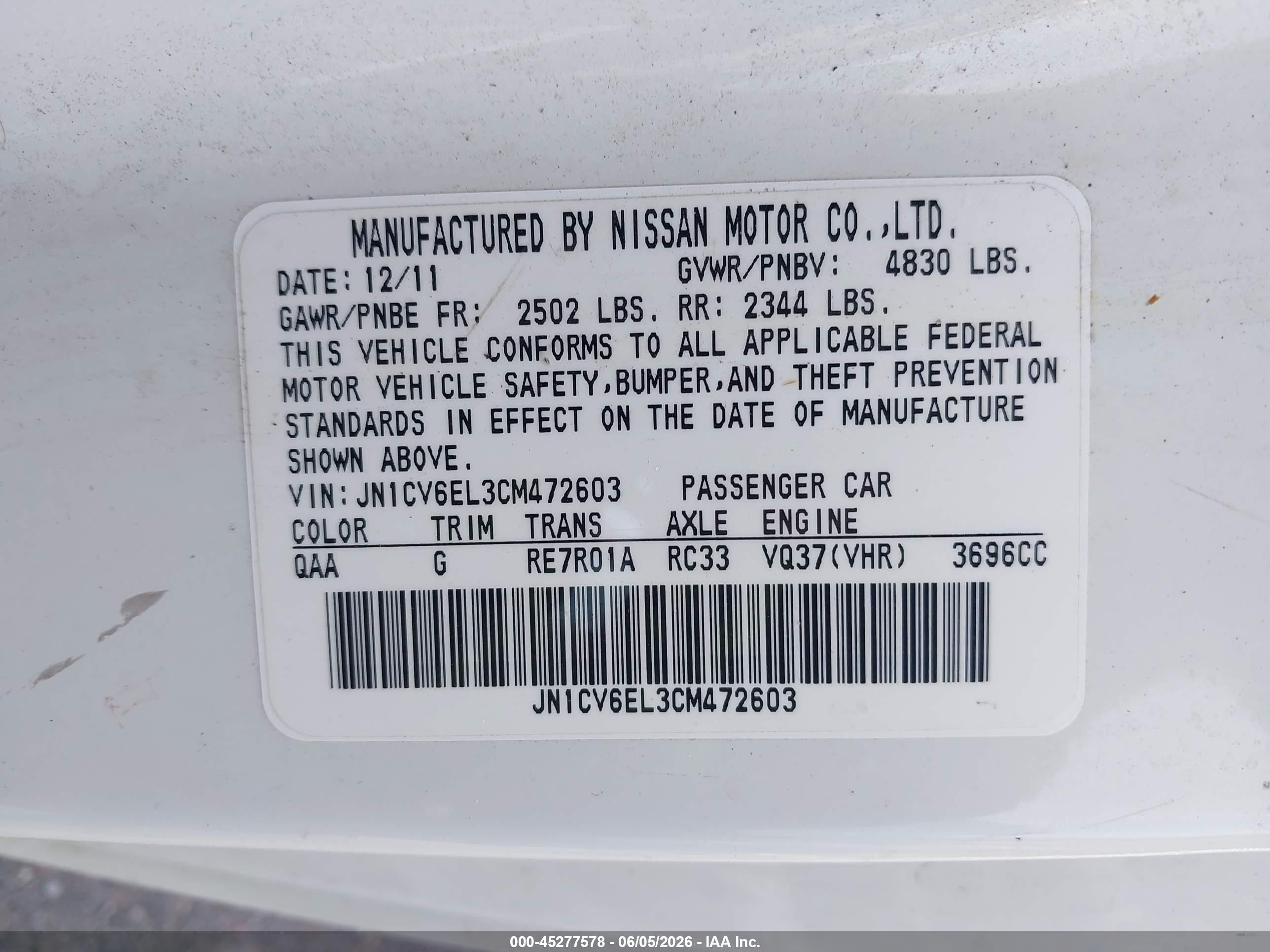 2012 Infiniti G37x   White vin: JN1CV6EL3CM472603