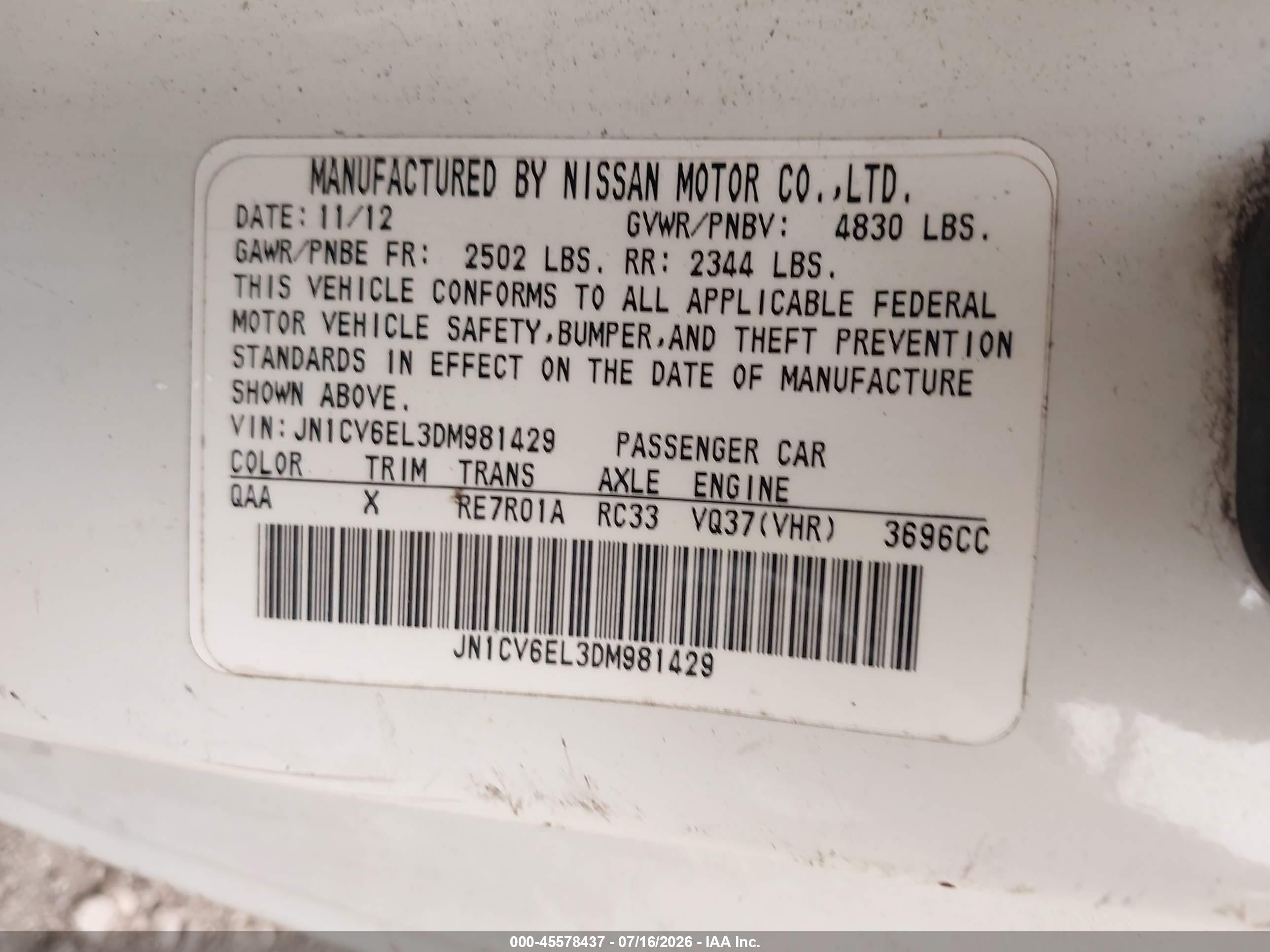 2013 Infiniti G37x White vin: JN1CV6EL3DM981429
