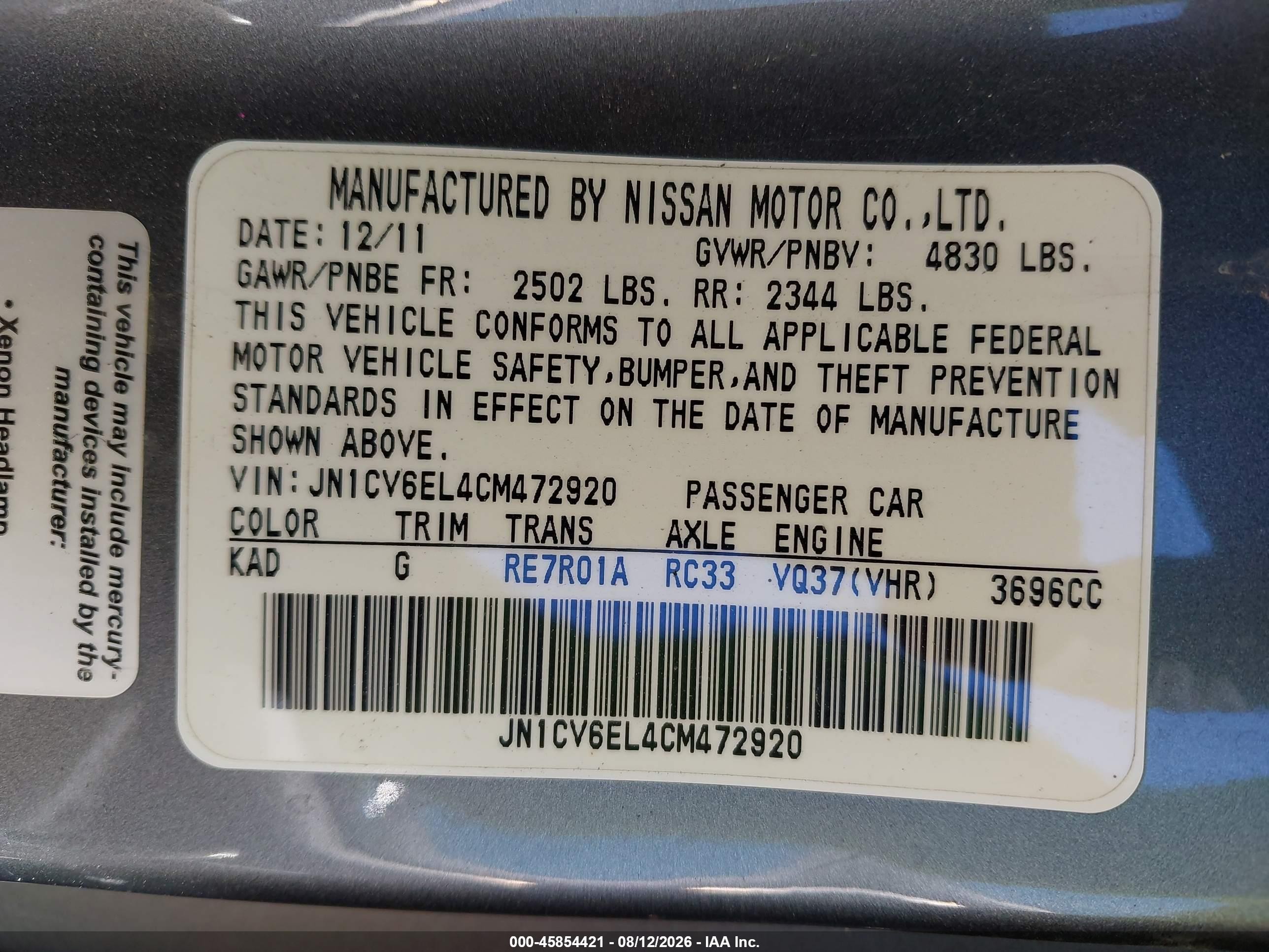 2012 Infiniti G37x Gray vin: JN1CV6EL4CM472920