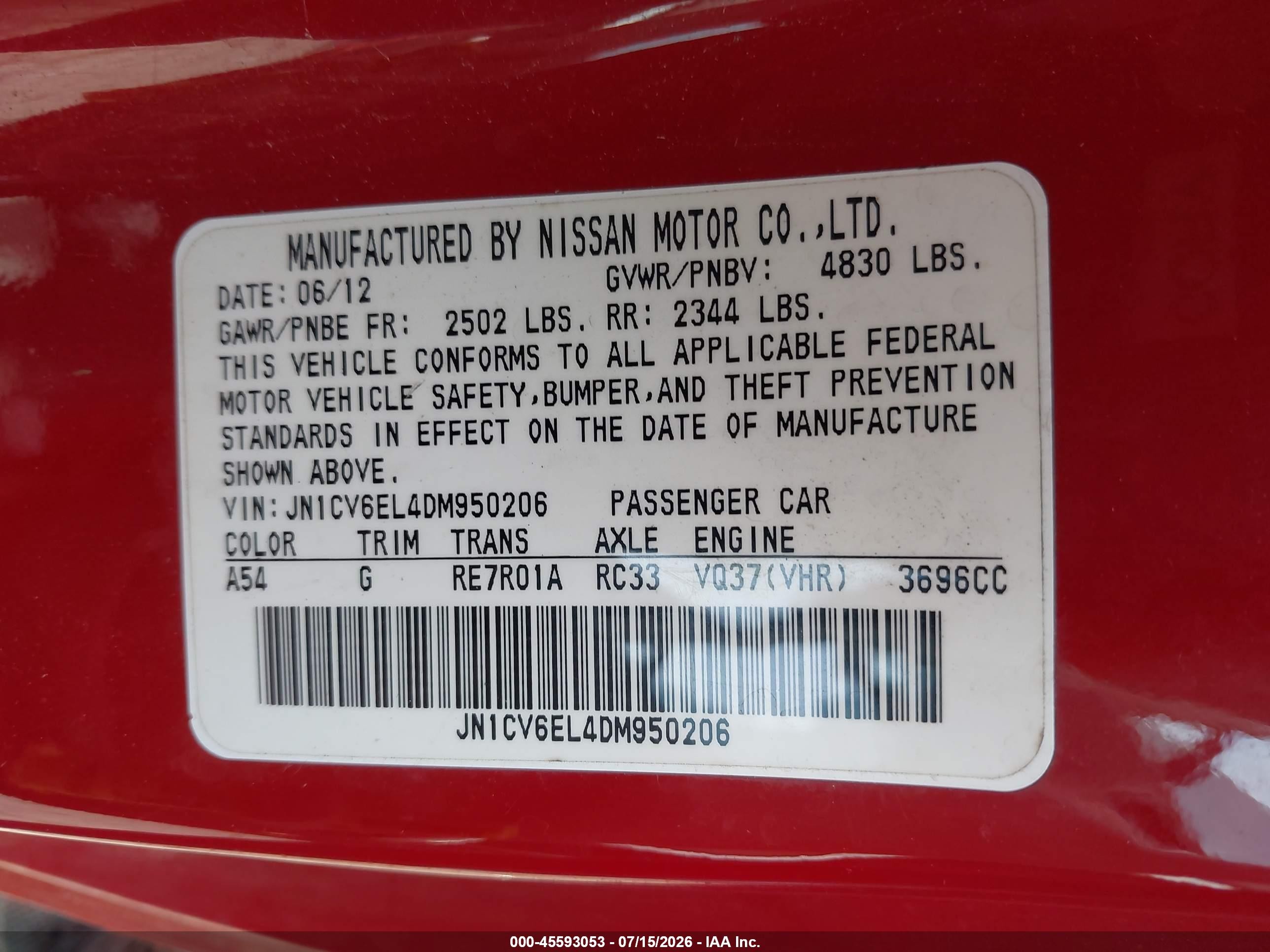 2013 Infiniti G37x   Red vin: JN1CV6EL4DM950206
