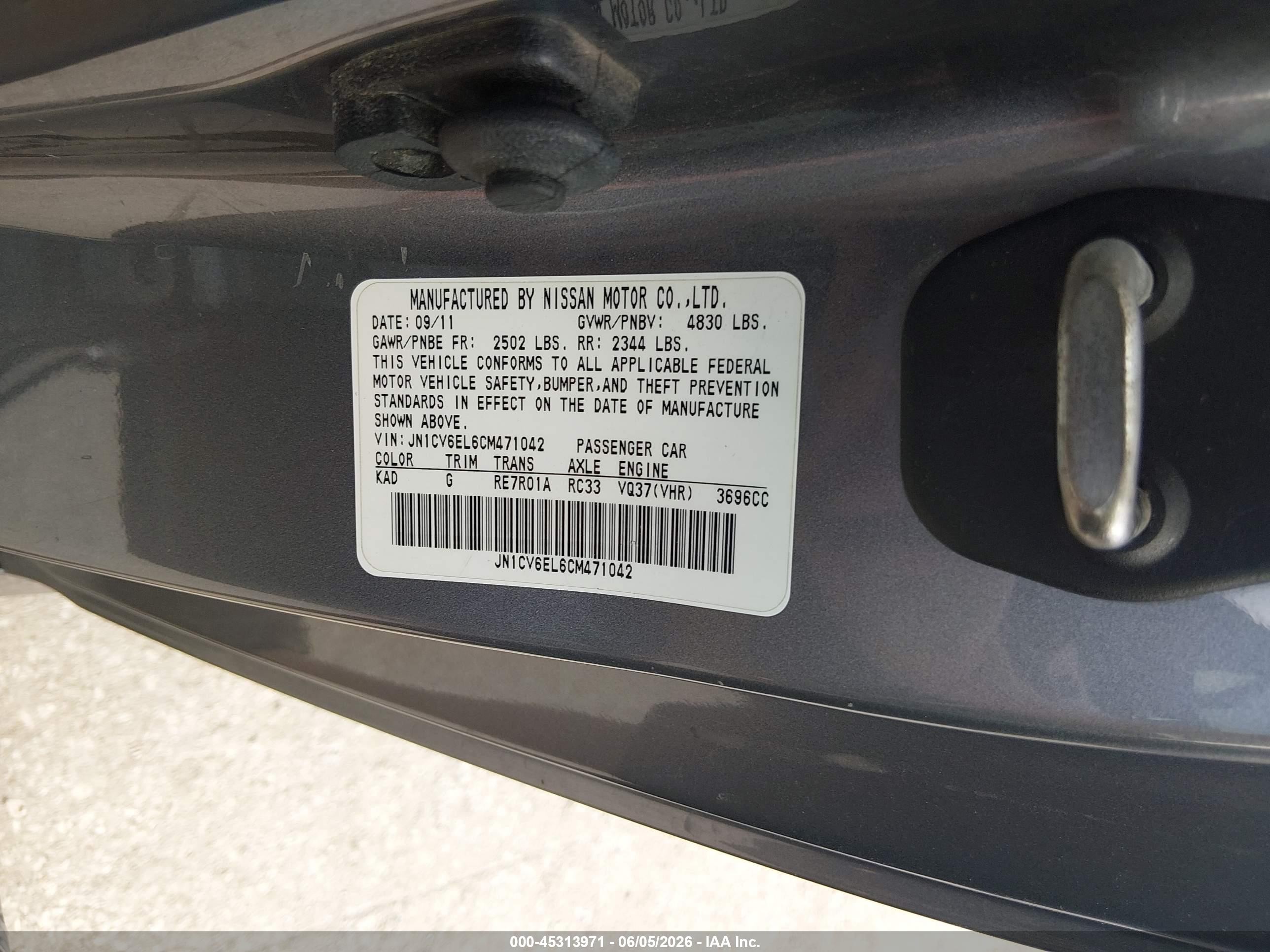 2012 Infiniti G37x   Gray vin: JN1CV6EL6CM471042