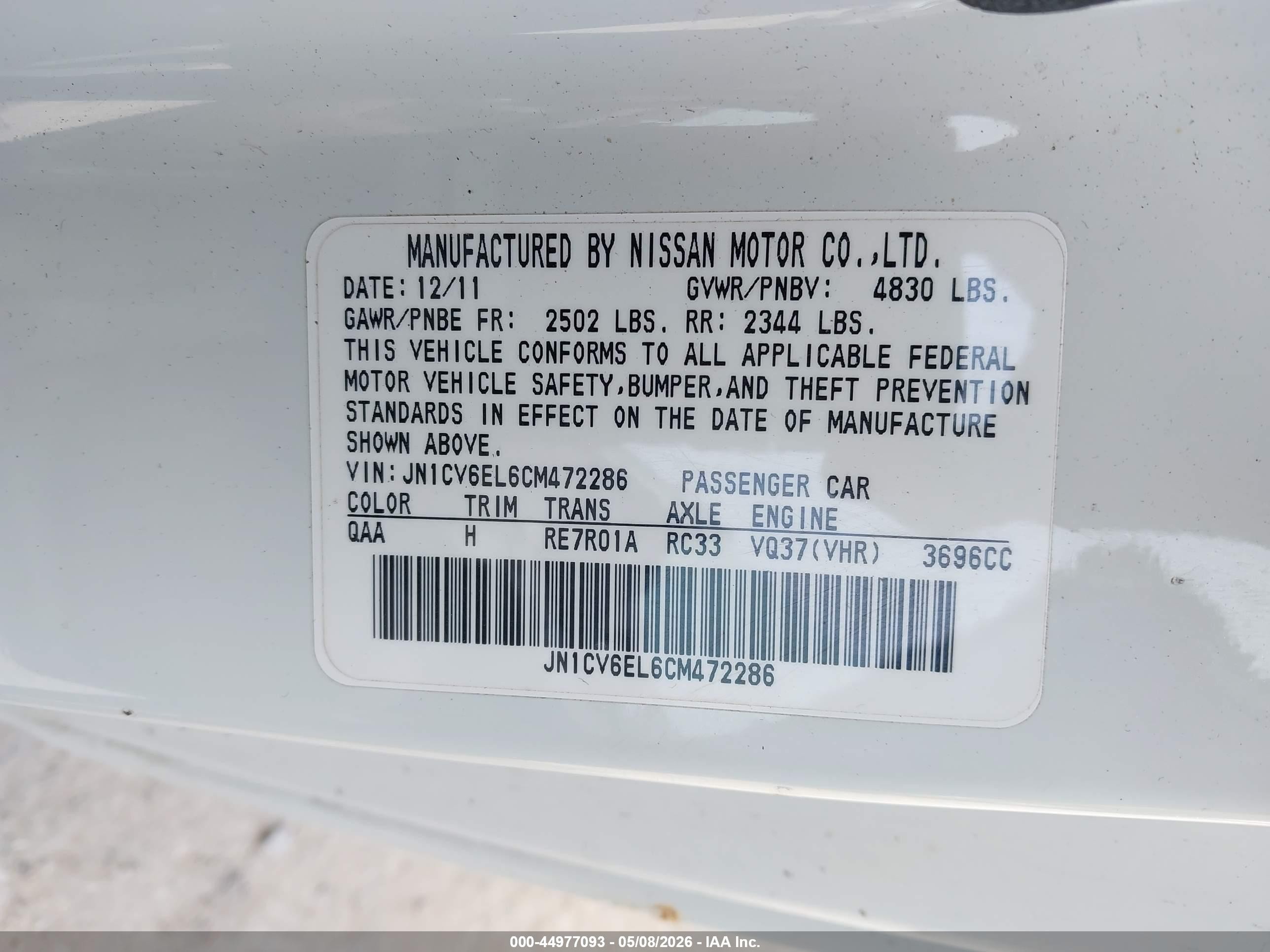 2012 Infiniti G37x   White vin: JN1CV6EL6CM472286