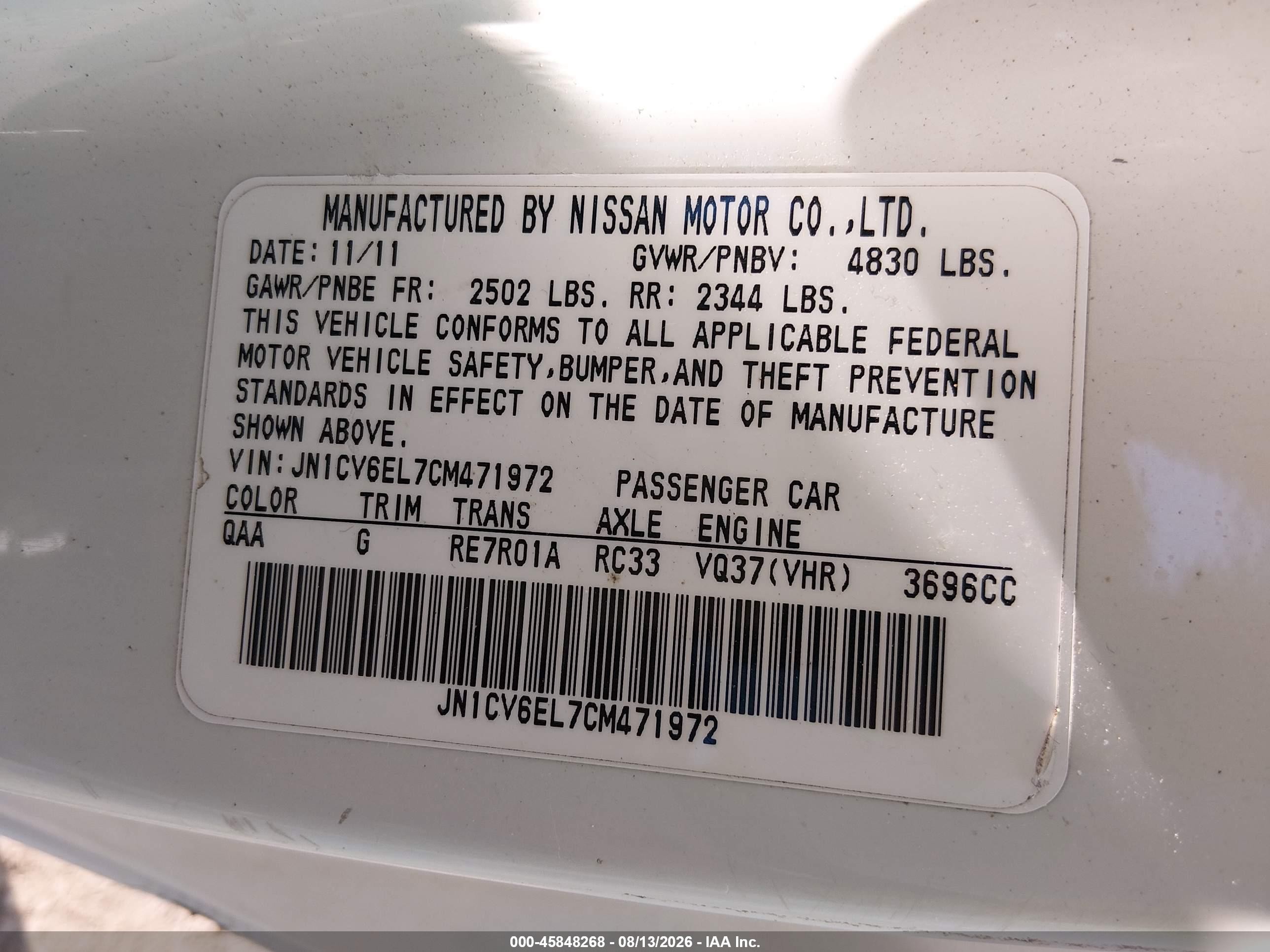 2012 Infiniti G37x   White vin: JN1CV6EL7CM471972
