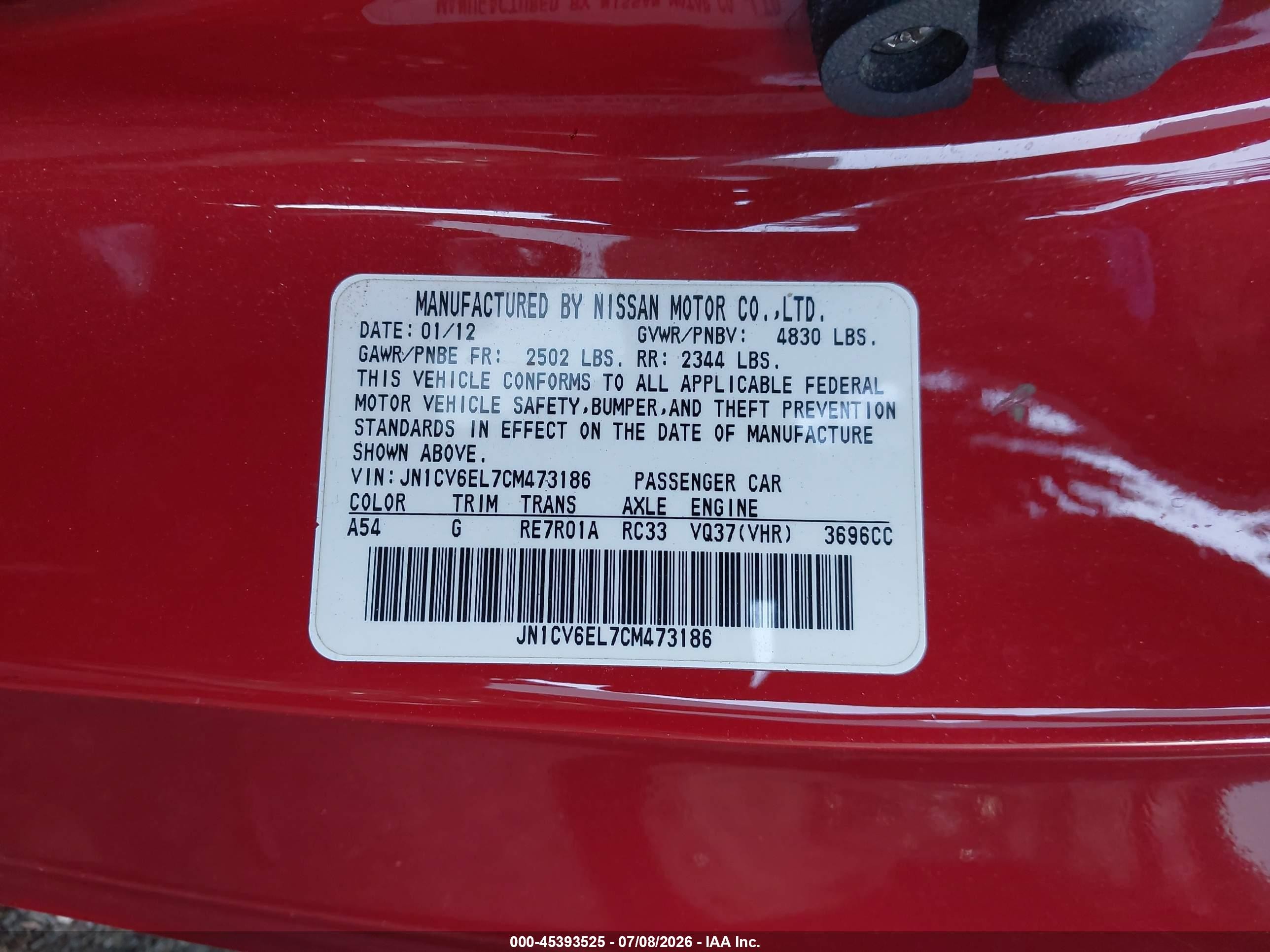 2012 Infiniti G37x   Red vin: JN1CV6EL7CM473186
