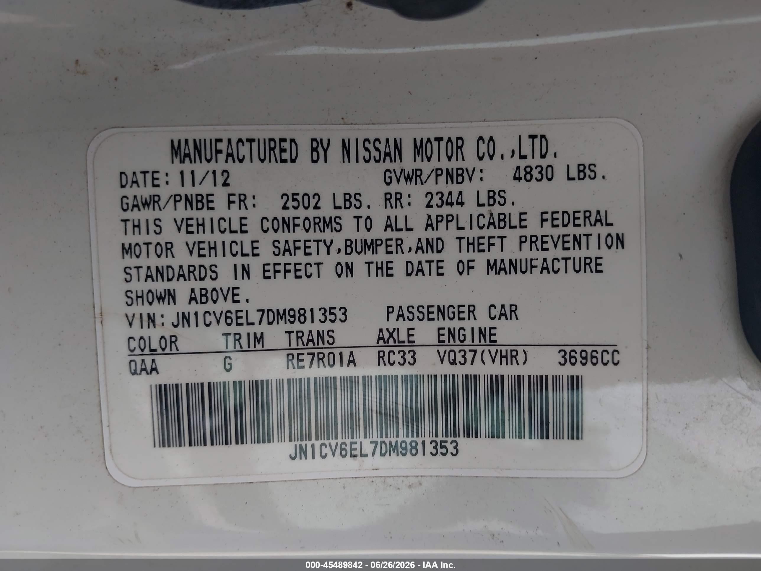 2013 Infiniti G37x   White vin: JN1CV6EL7DM981353