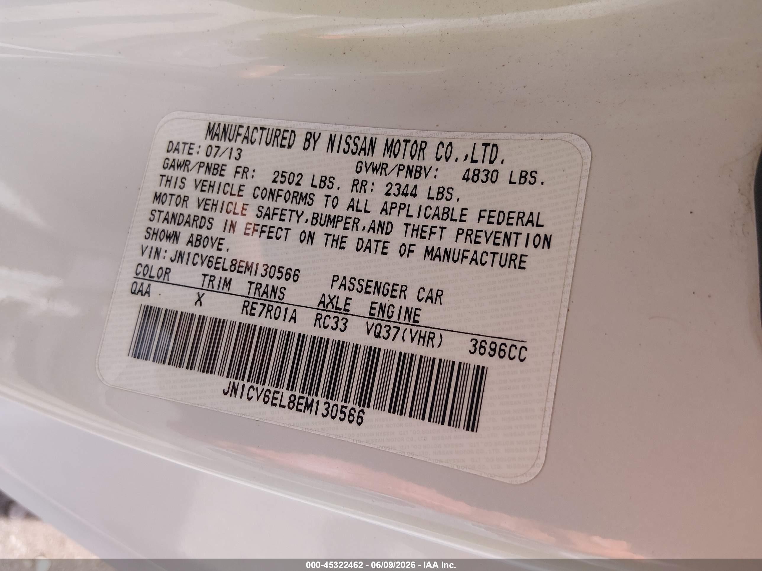 2014 Infiniti Q60   White vin: JN1CV6EL8EM130566