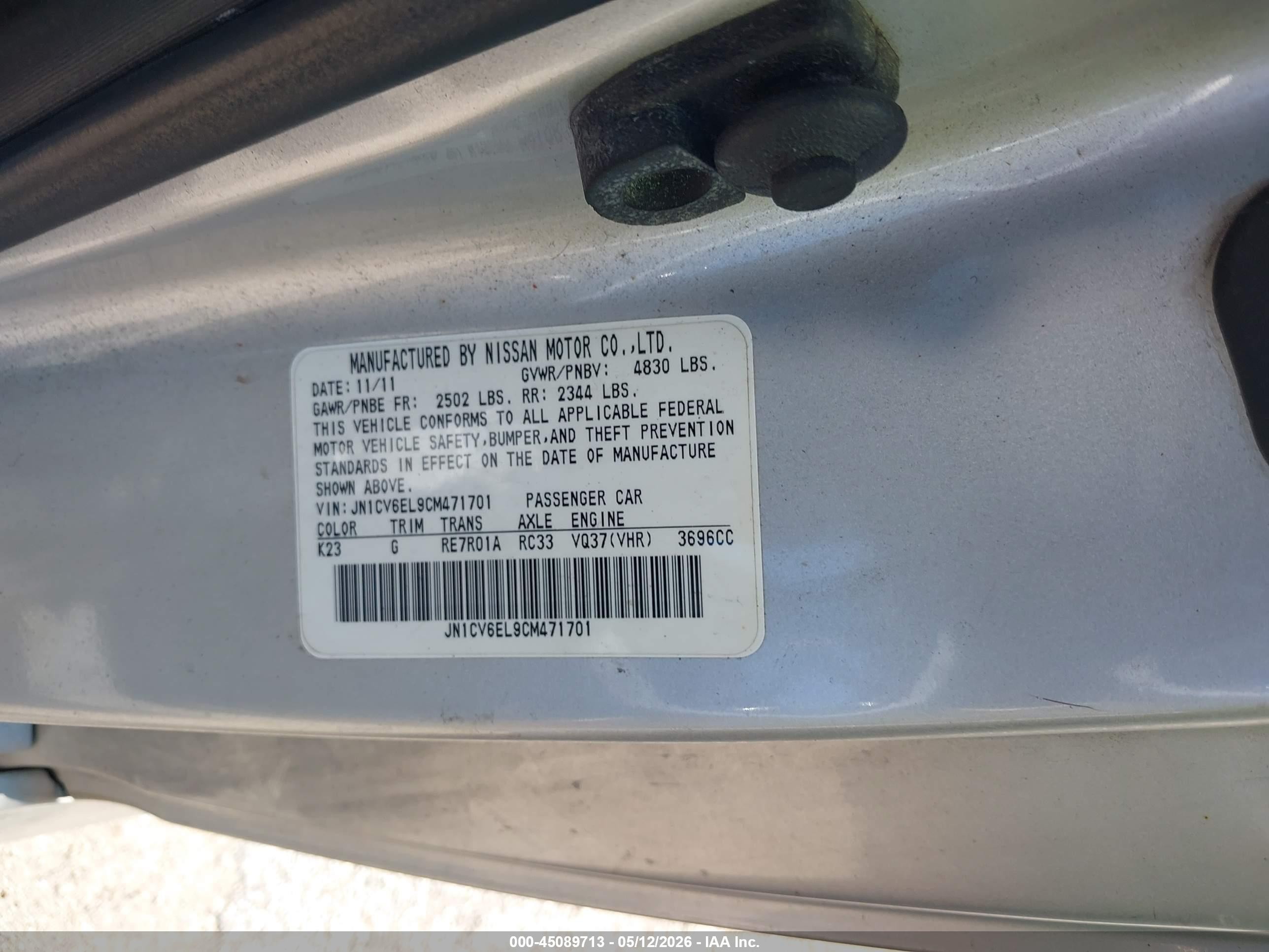 2012 Infiniti G37x   Silver vin: JN1CV6EL9CM471701
