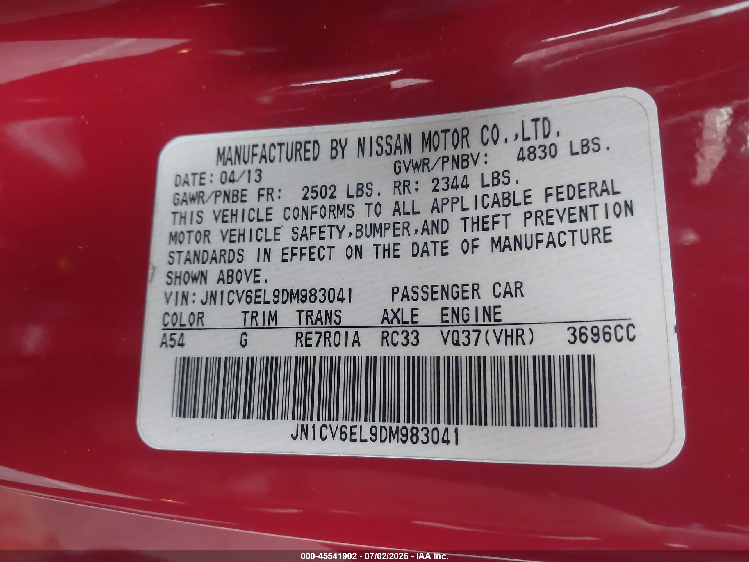2013 Infiniti G37x   Red vin: JN1CV6EL9DM983041