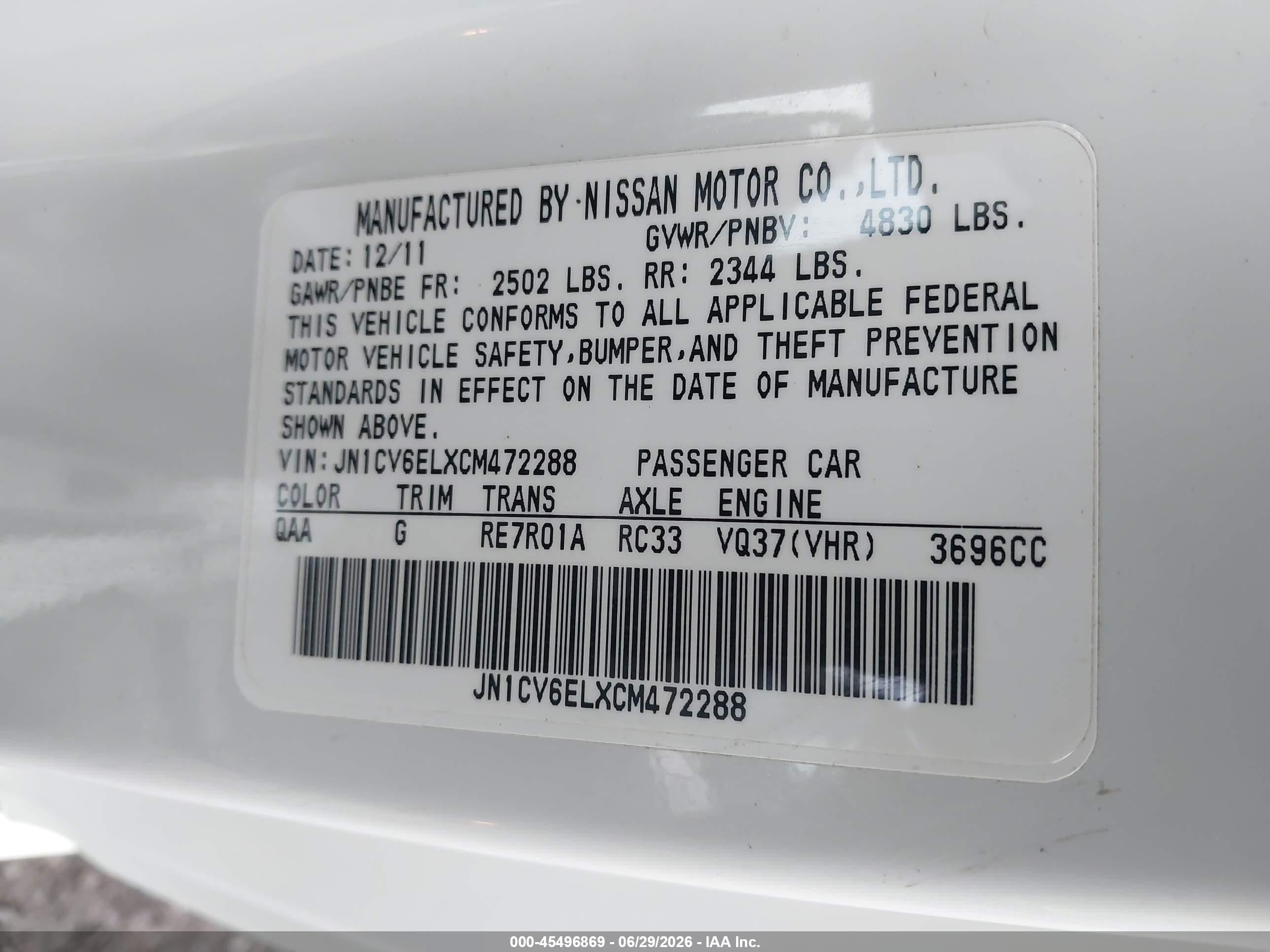 2012 Infiniti G37x White vin: JN1CV6ELXCM472288
