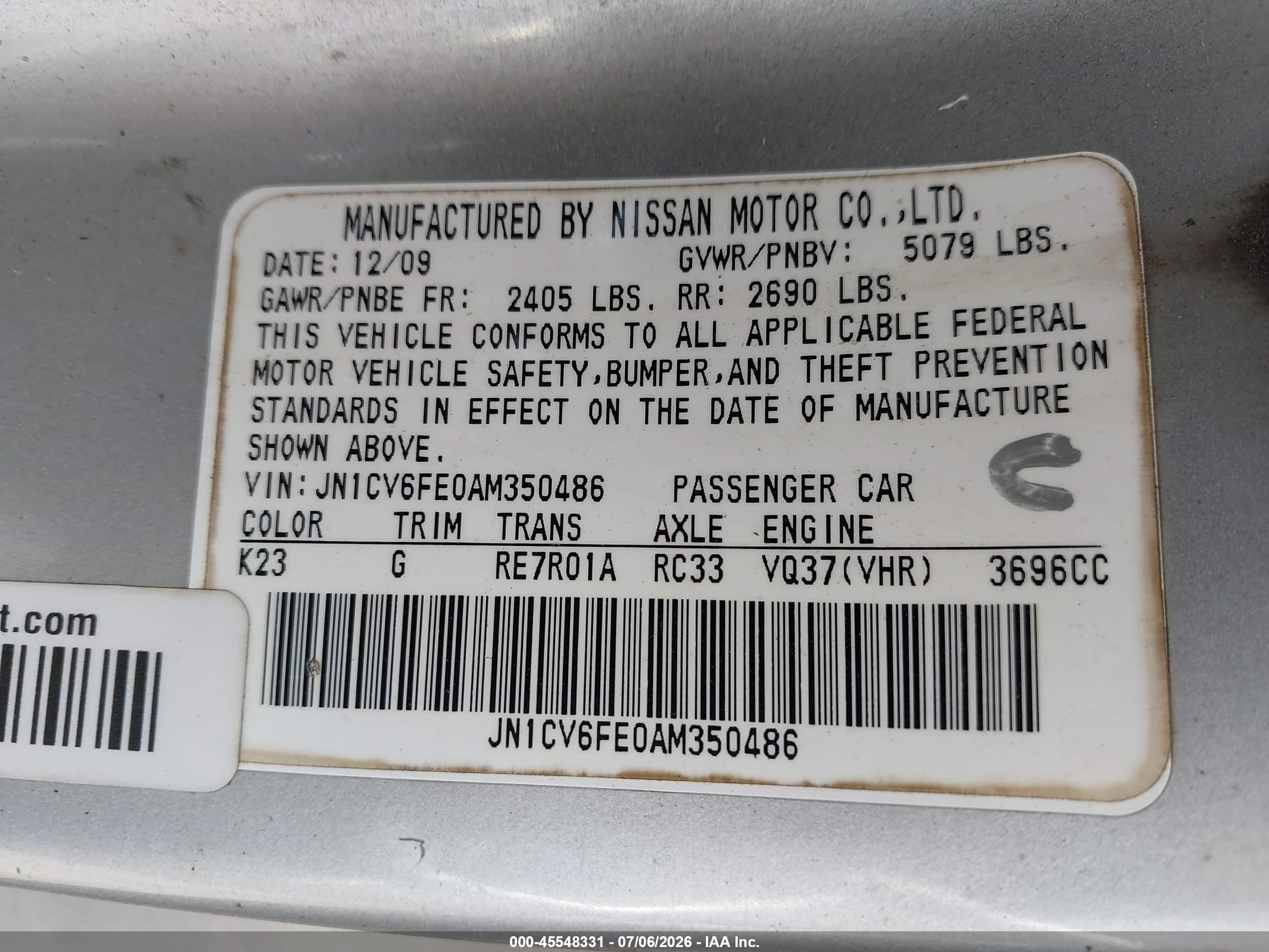 2010 Infiniti G37   Gray vin: JN1CV6FE0AM350486
