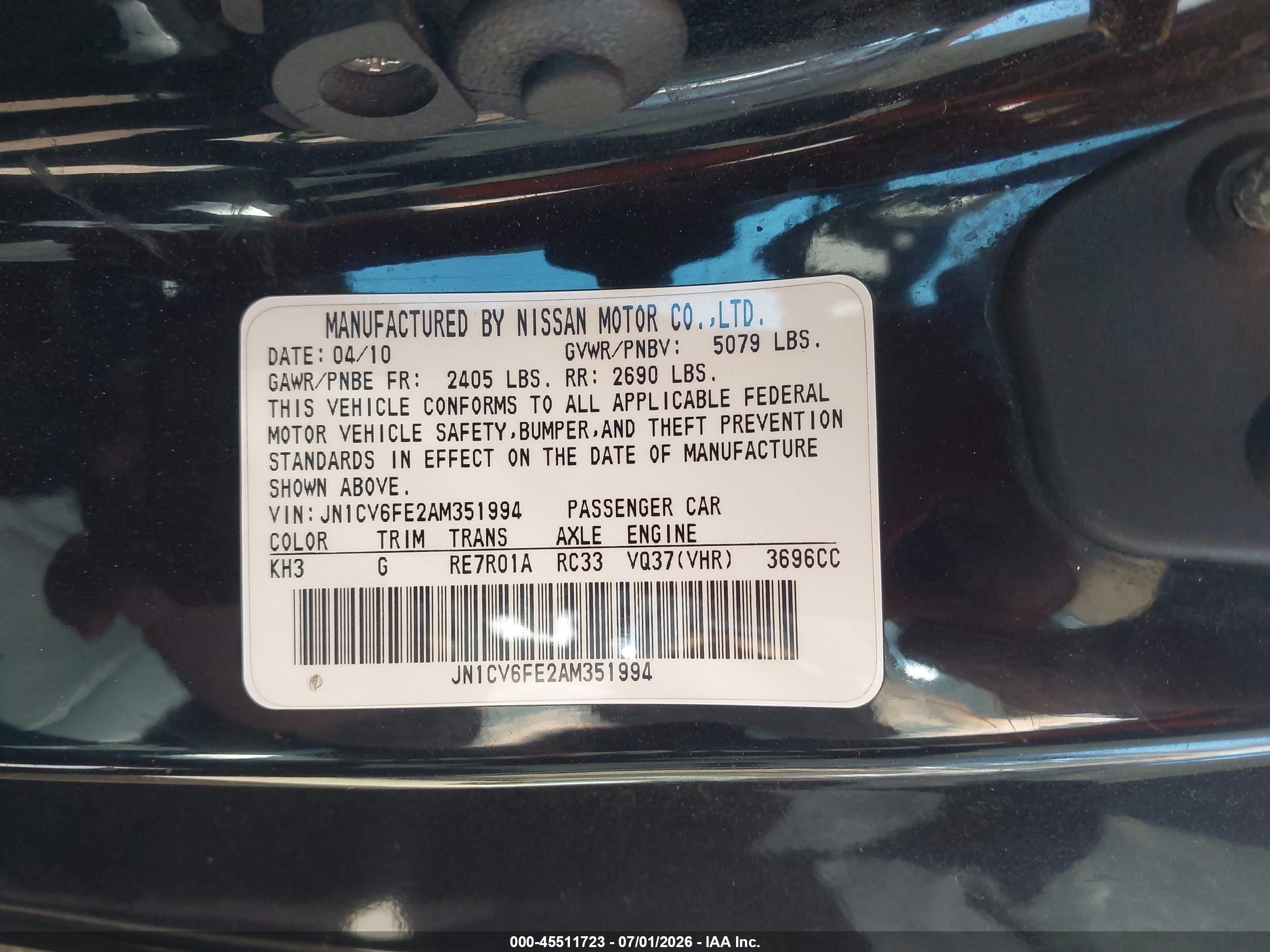 2010 Infiniti G37   Black vin: JN1CV6FE2AM351994