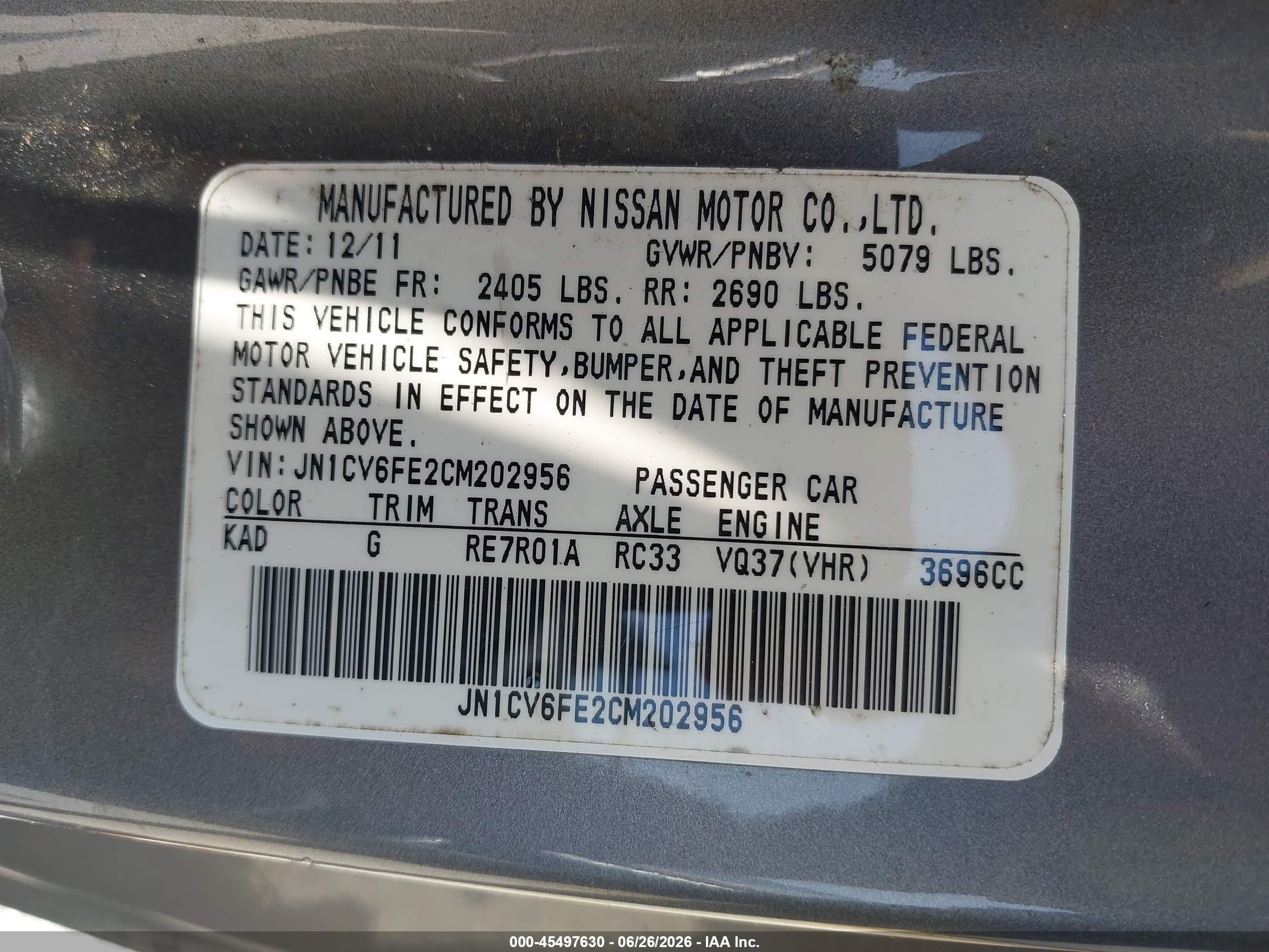 2012 Infiniti G37   Gray vin: JN1CV6FE2CM202956