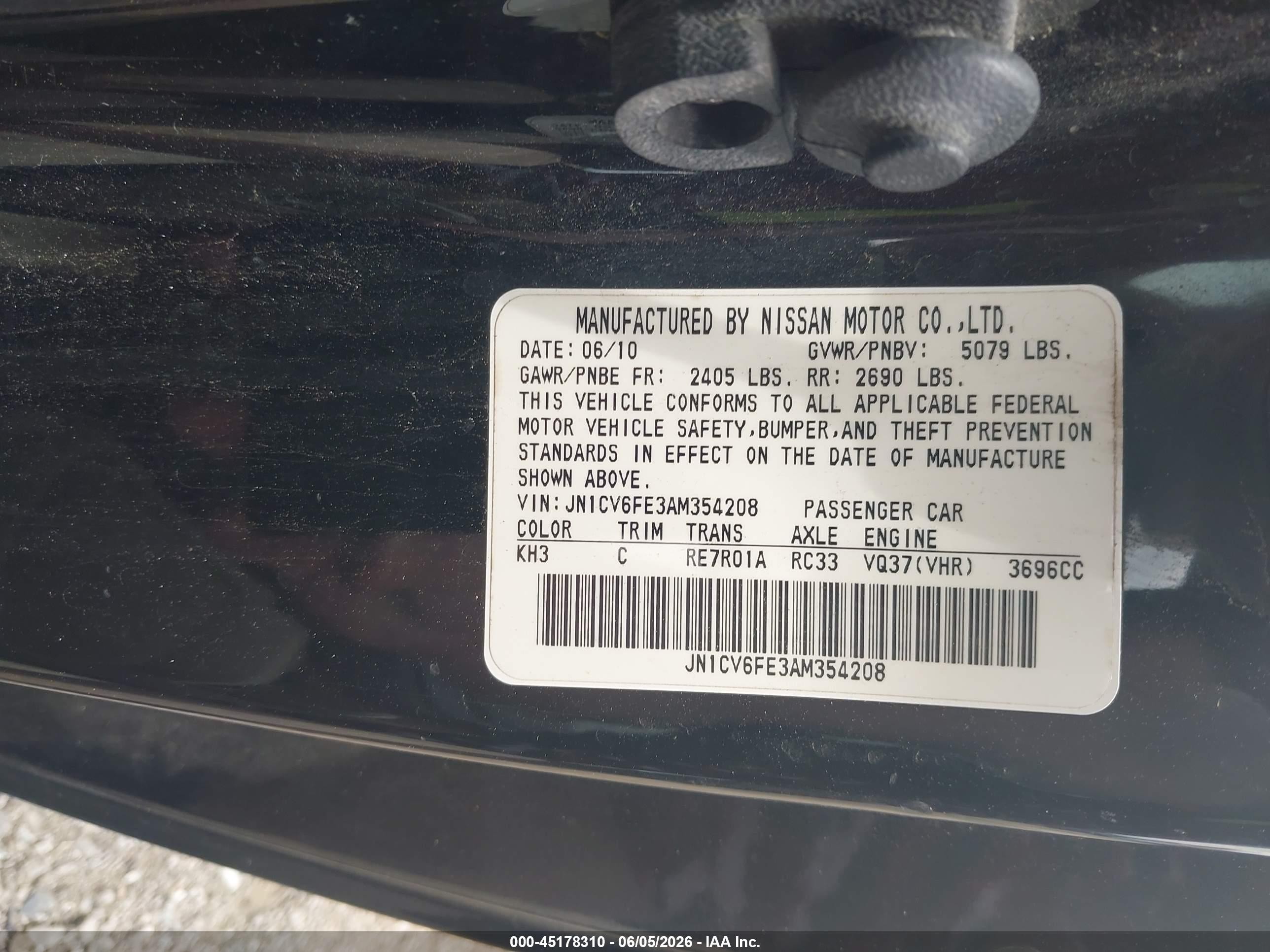 2010 Infiniti G37   Black vin: JN1CV6FE3AM354208