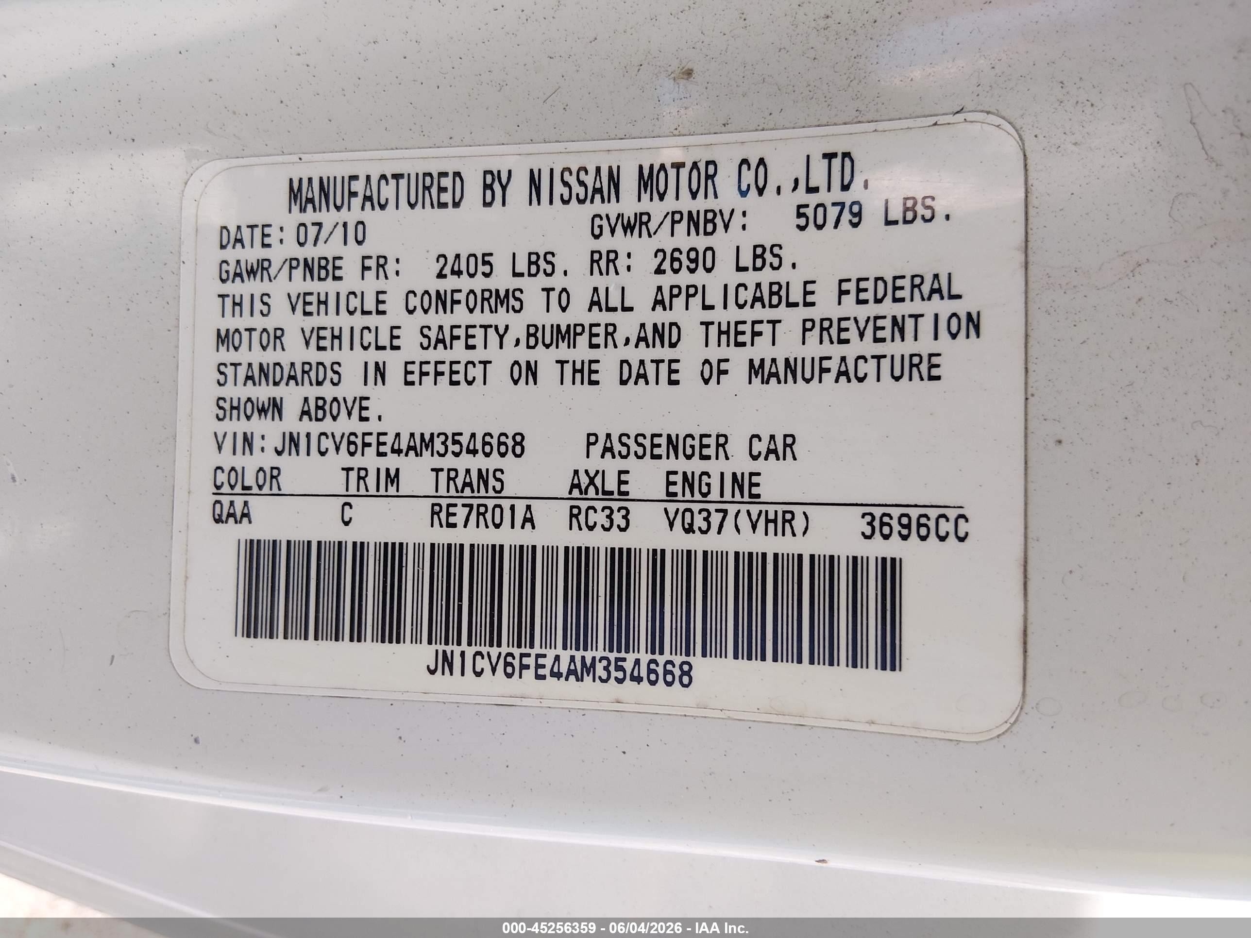2010 Infiniti G37   White vin: JN1CV6FE4AM354668