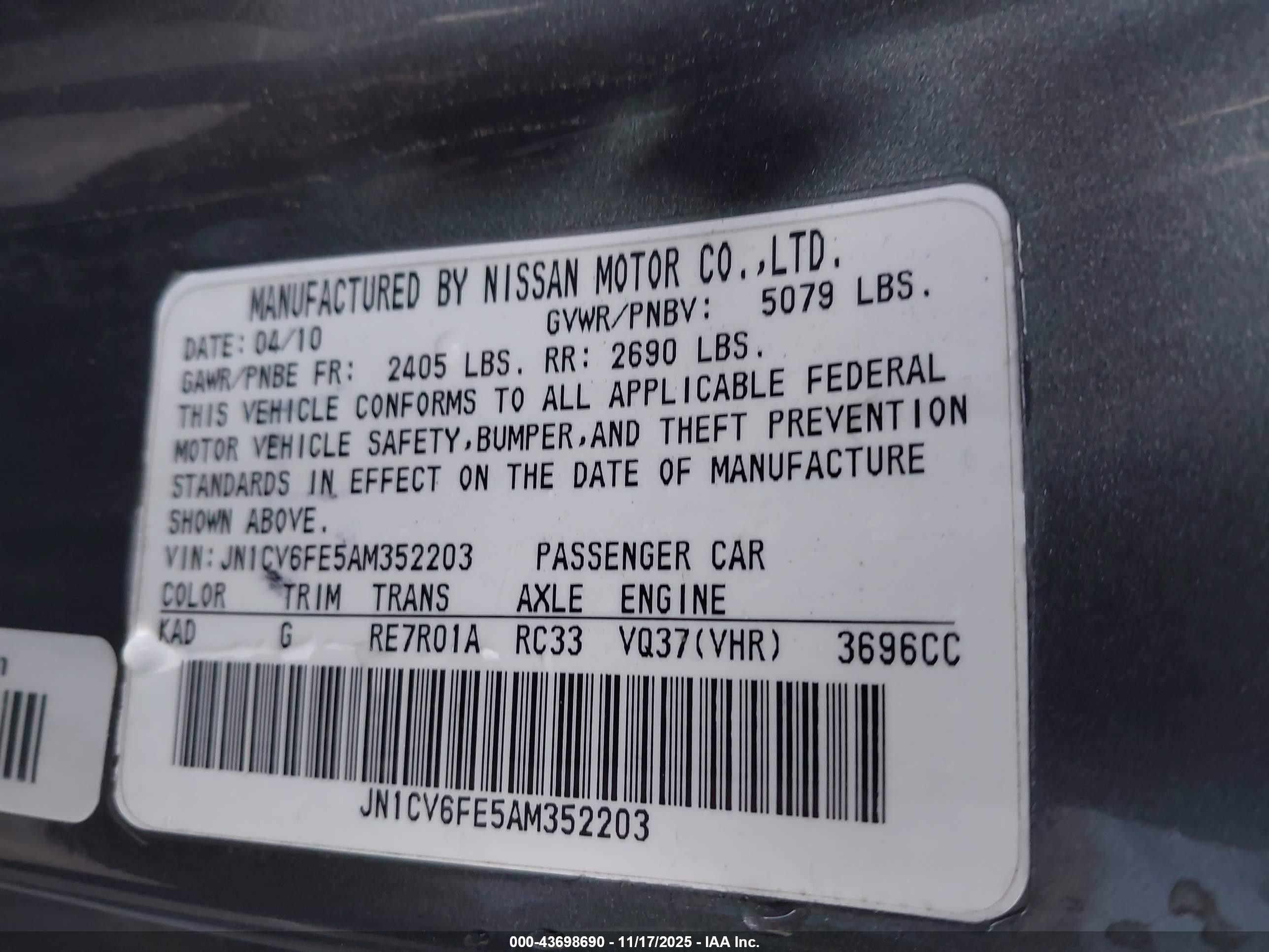 2010 Infiniti G37 Gray vin: JN1CV6FE5AM352203
