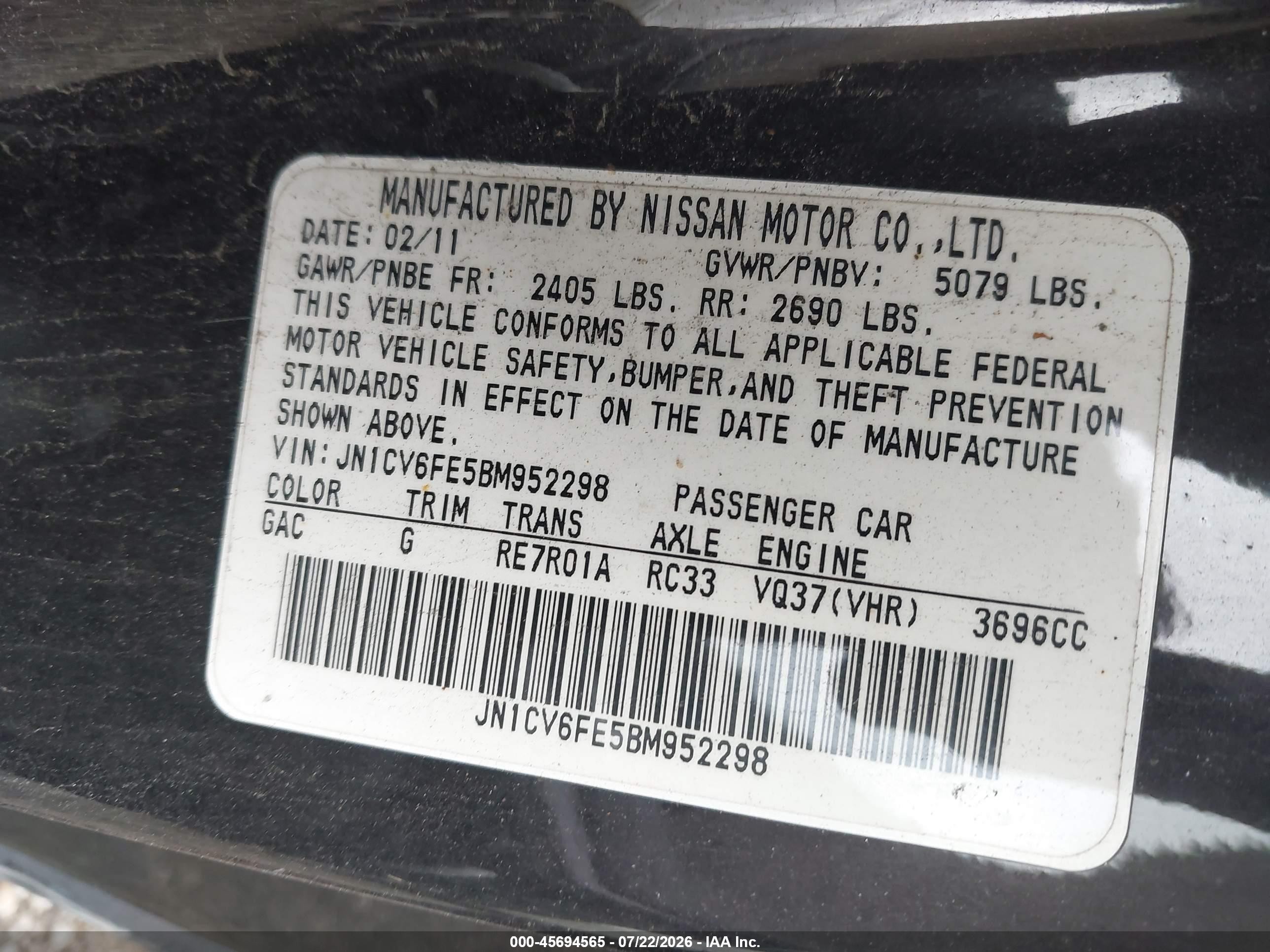 2011 Infiniti G37 Black vin: JN1CV6FE5BM952298