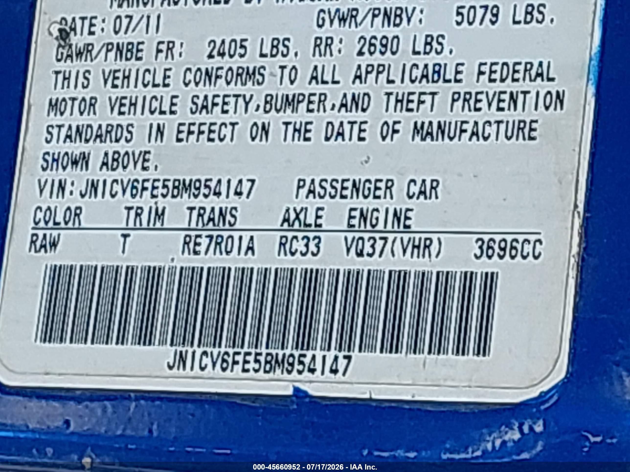 2011 Infiniti G37   Blue vin: JN1CV6FE5BM954147