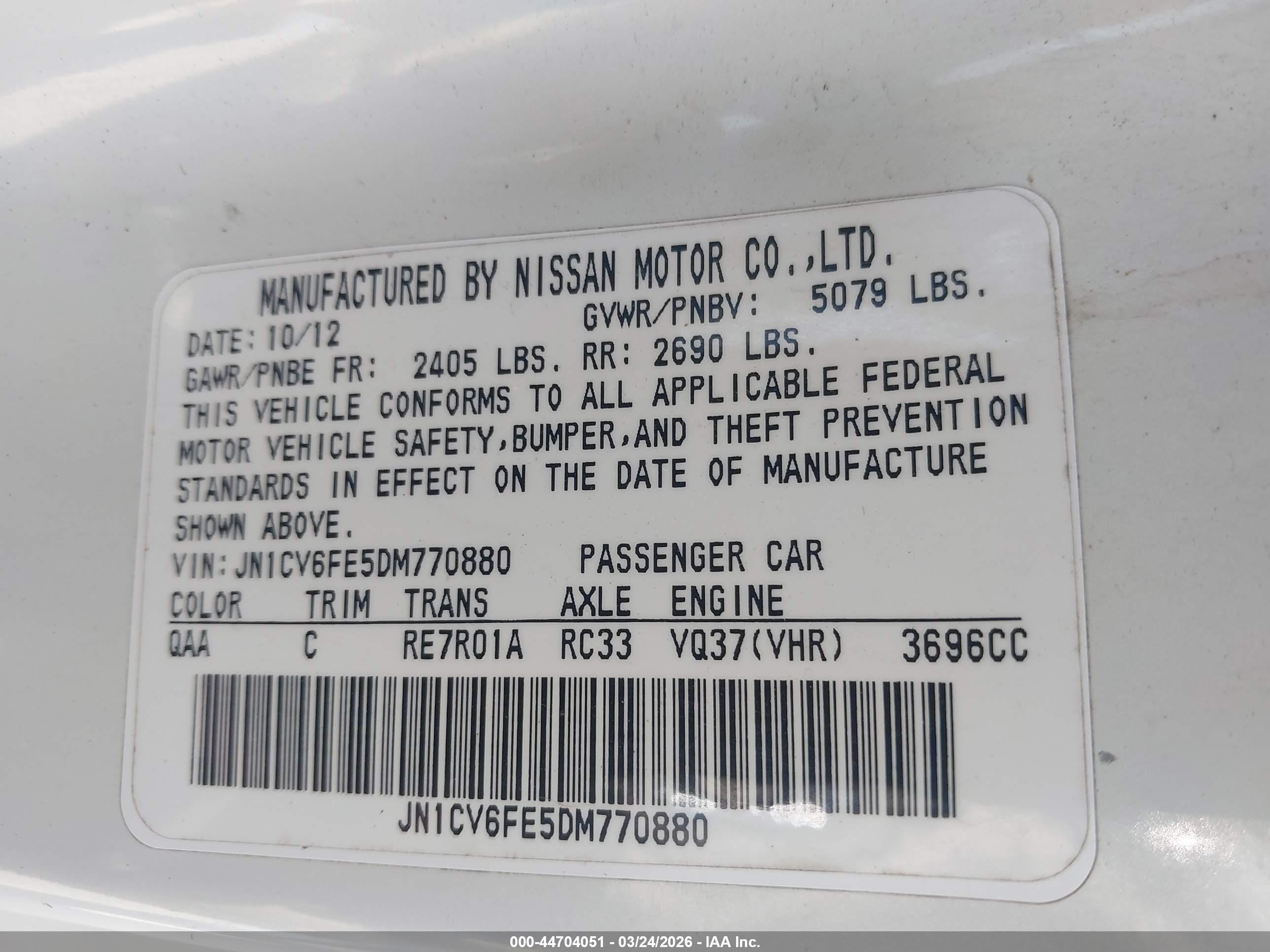 2013 Infiniti G37   White vin: JN1CV6FE5DM770880