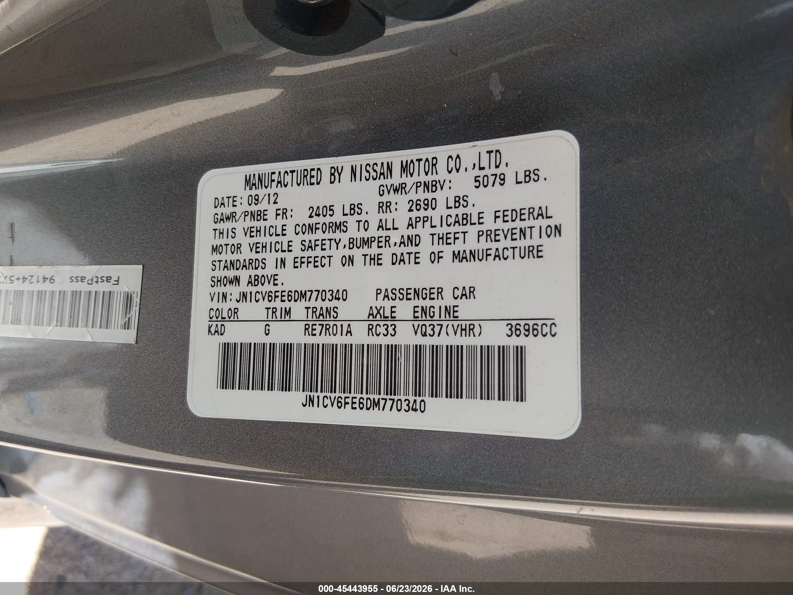 2013 Infiniti G37   Gray vin: JN1CV6FE6DM770340