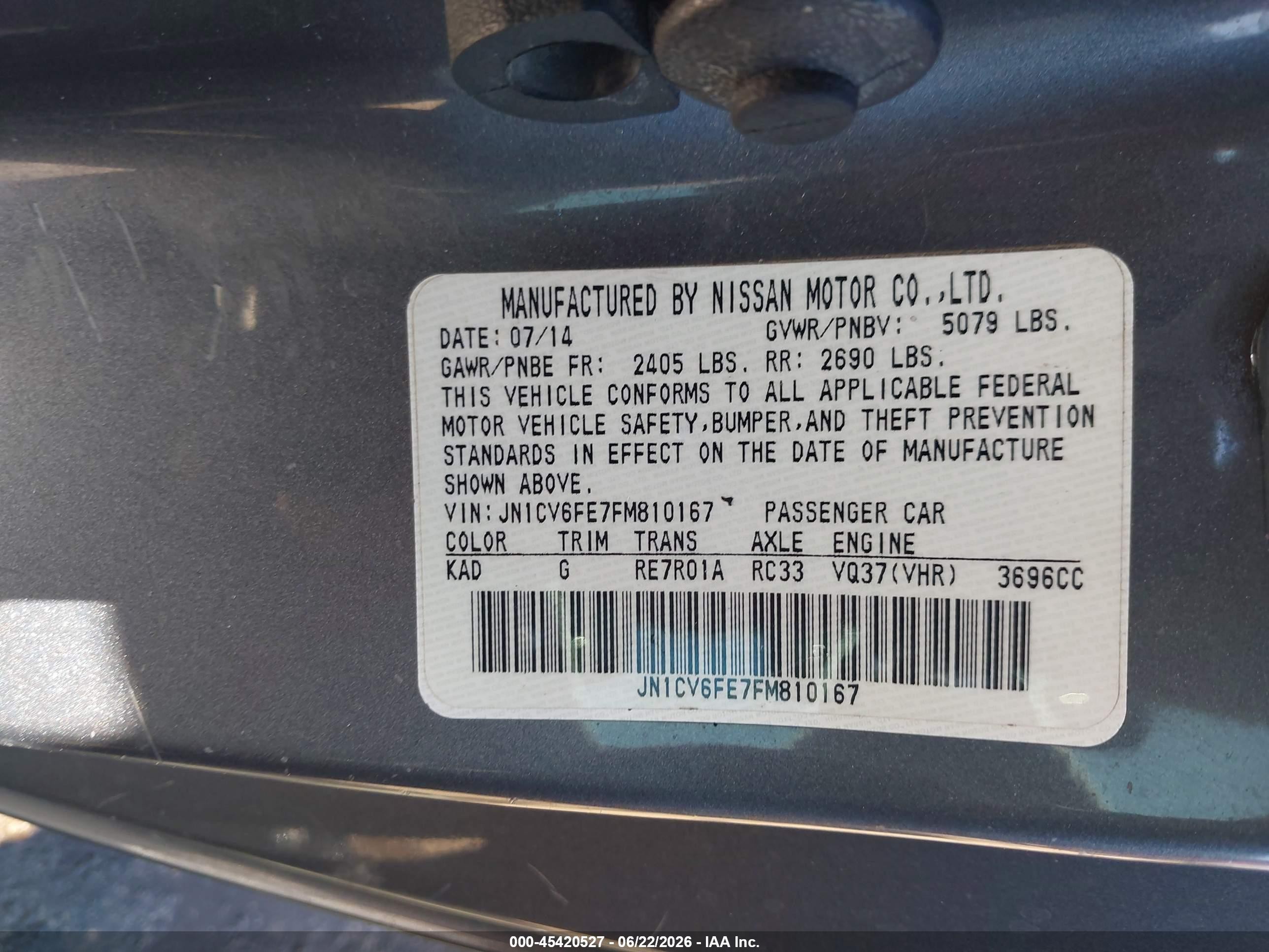2015 Infiniti Q60   Silver vin: JN1CV6FE7FM810167
