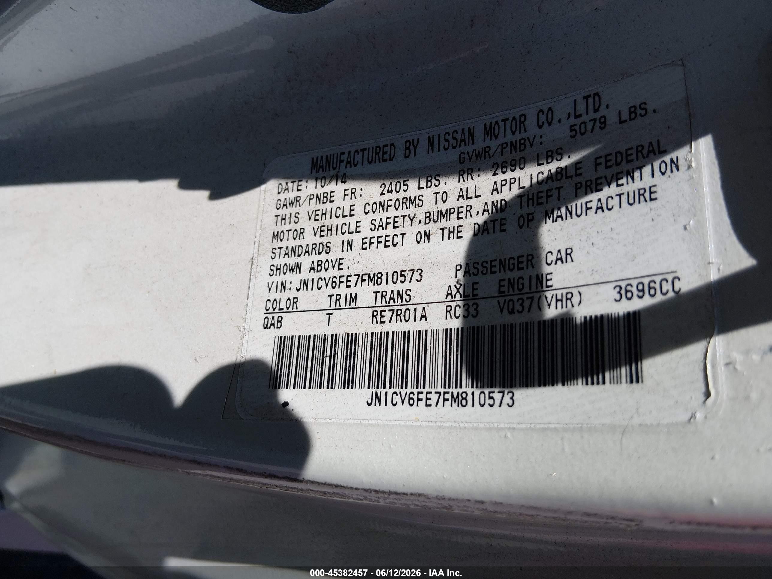 2015 Infiniti Q60   White vin: JN1CV6FE7FM810573