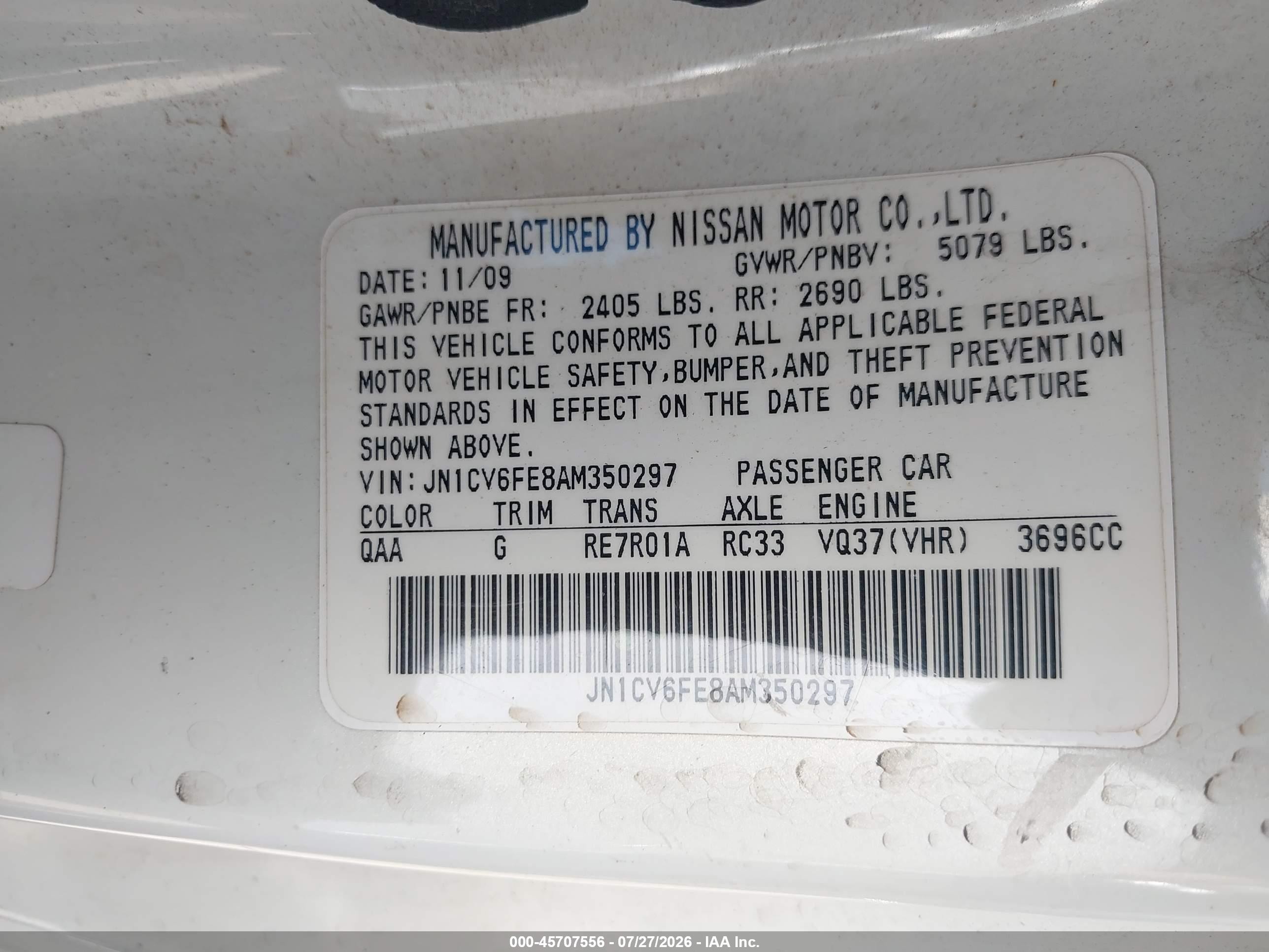 2010 Infiniti G37   White vin: JN1CV6FE8AM350297