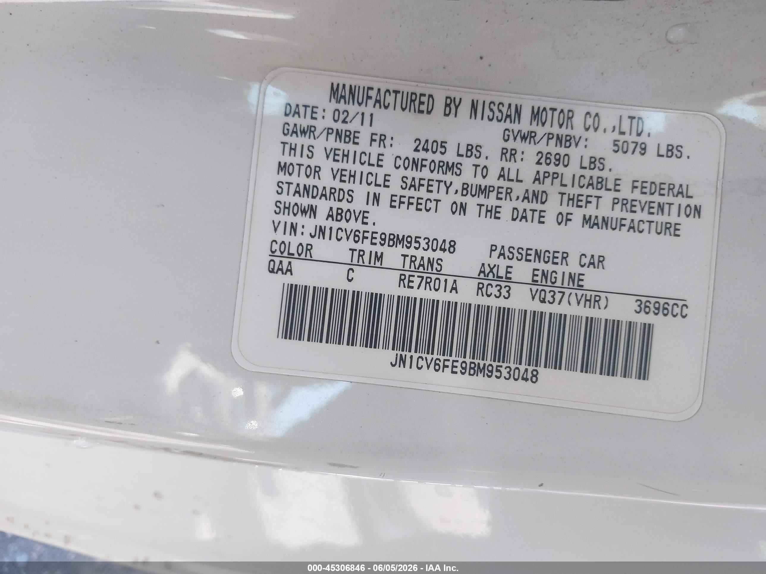 2011 Infiniti G37   White vin: JN1CV6FE9BM953048