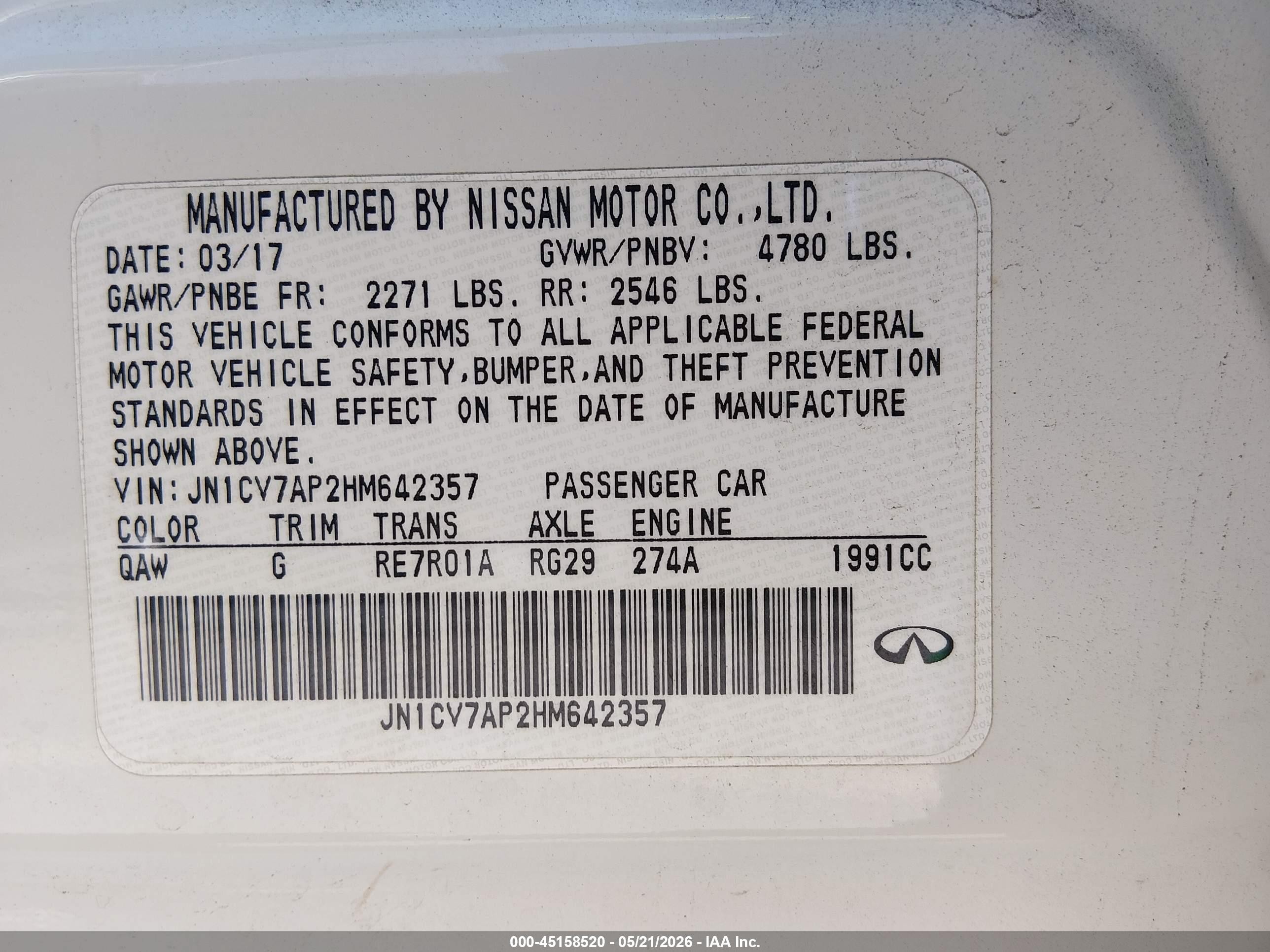 2017 Infiniti Q50 2.0t Base White vin: JN1CV7AP2HM642357