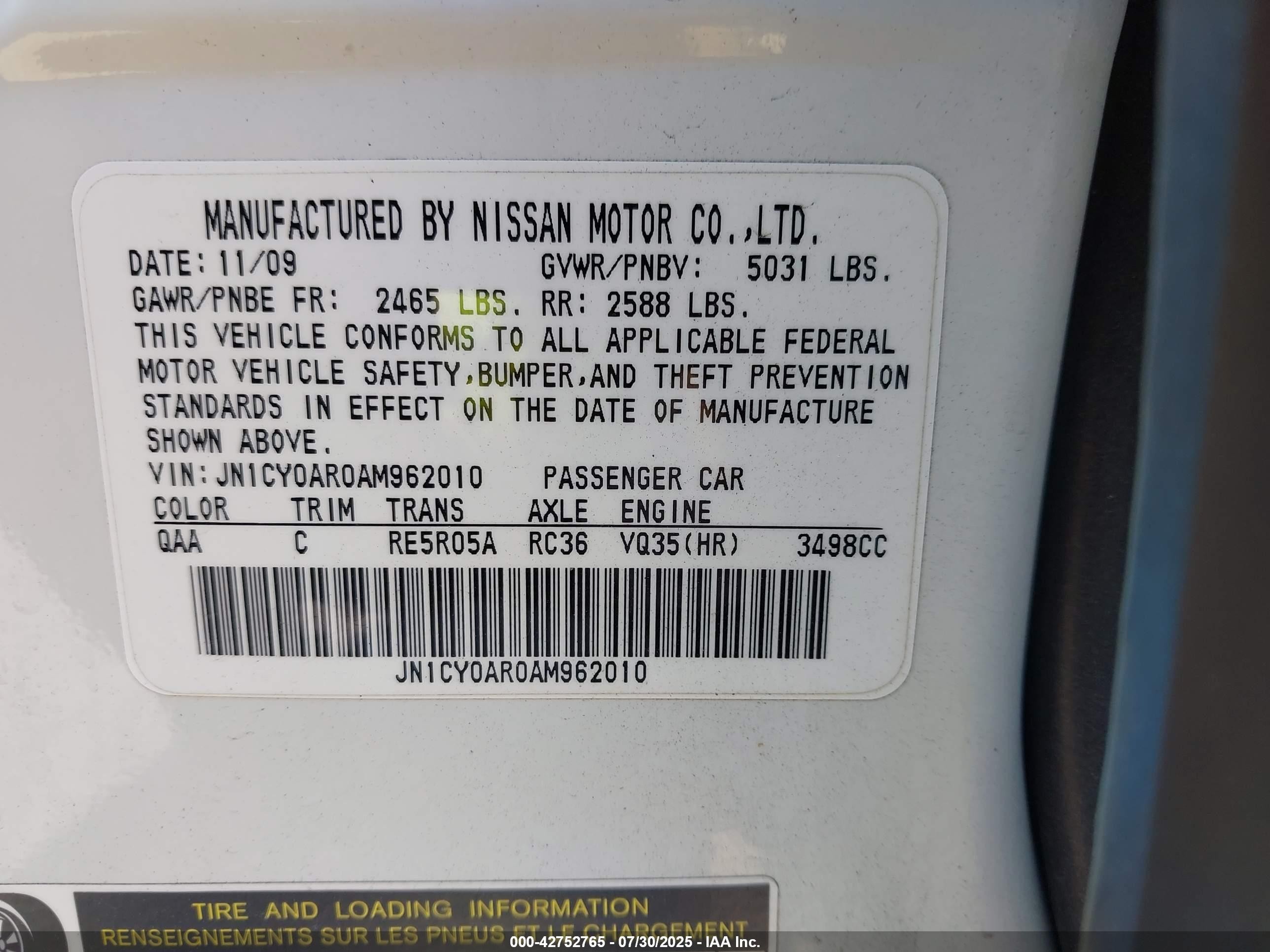 2010 Infiniti M35x   White vin: JN1CY0AR0AM962010