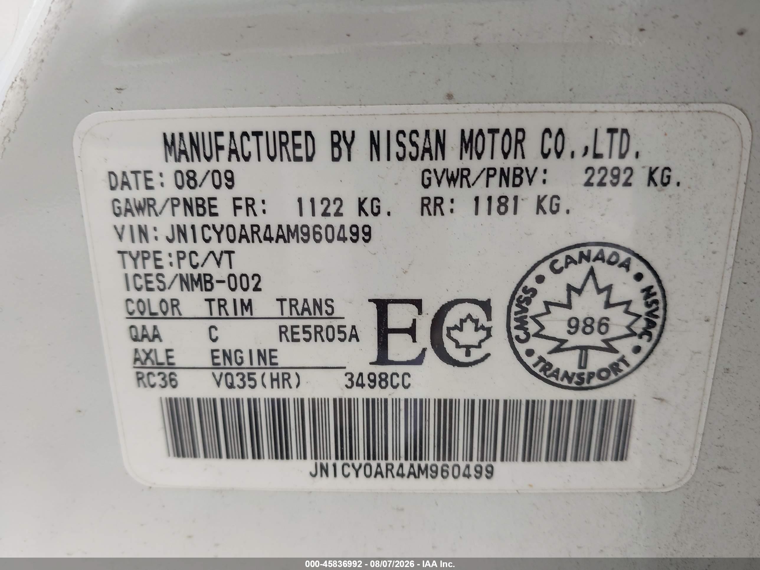 2010 Infiniti M35x   White vin: JN1CY0AR4AM960499