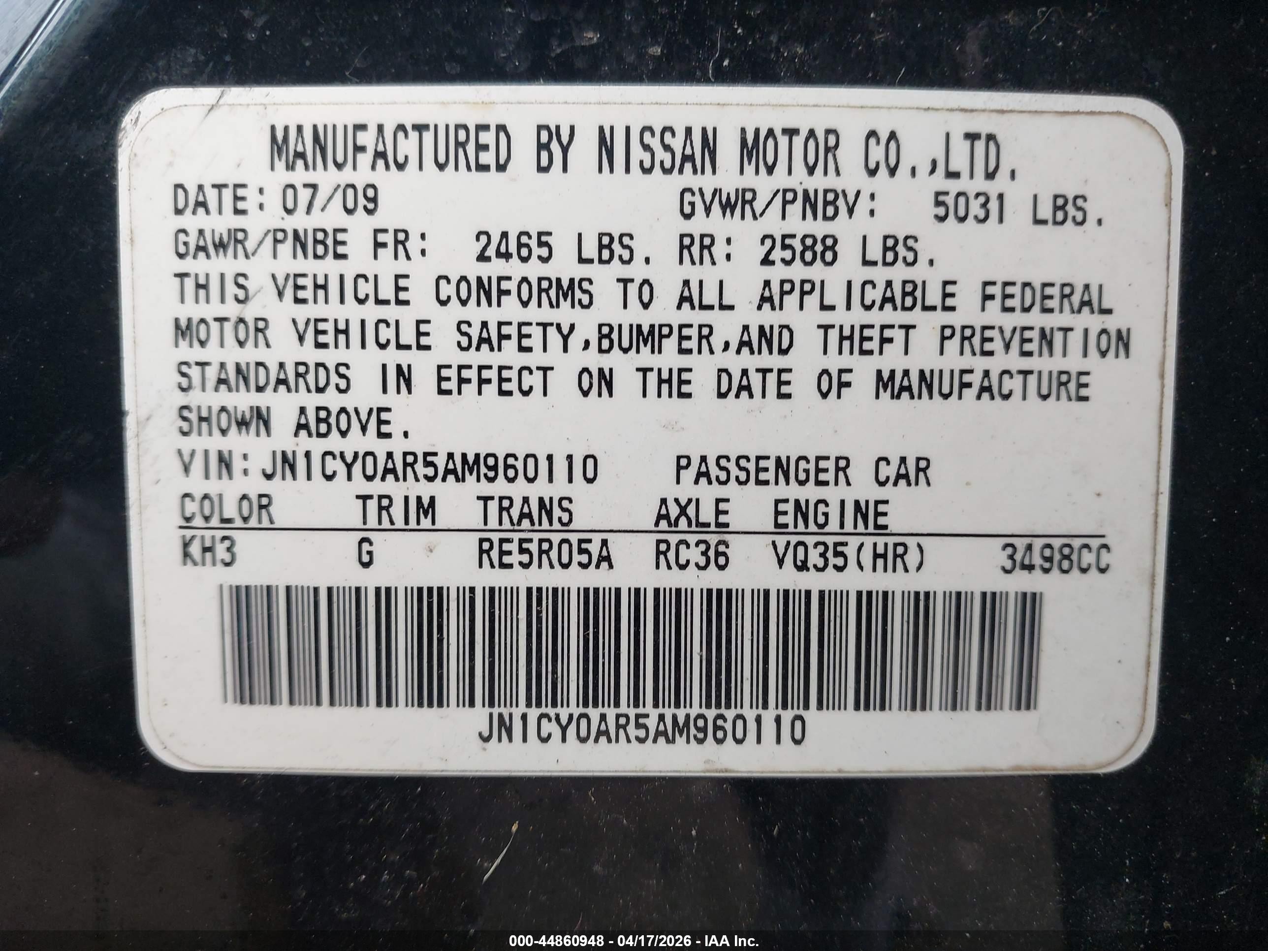 2010 Infiniti M35x   Black vin: JN1CY0AR5AM960110