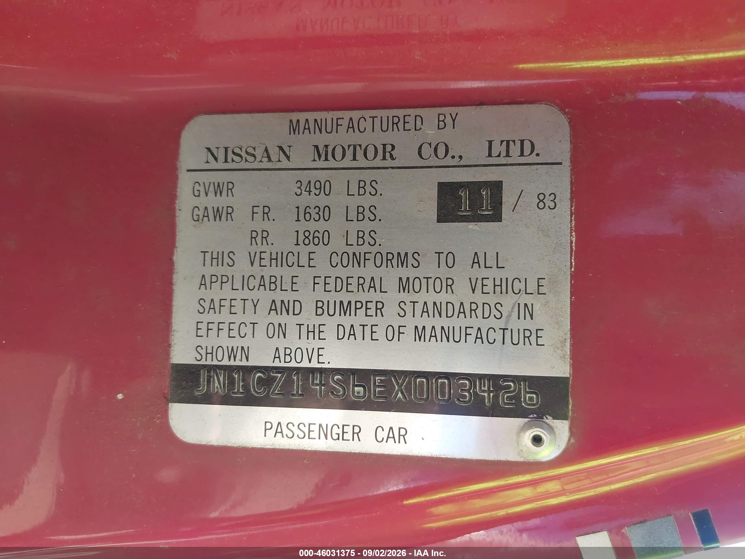 1984 Datsun 300zx   Red vin: JN1CZ14S6EX003426