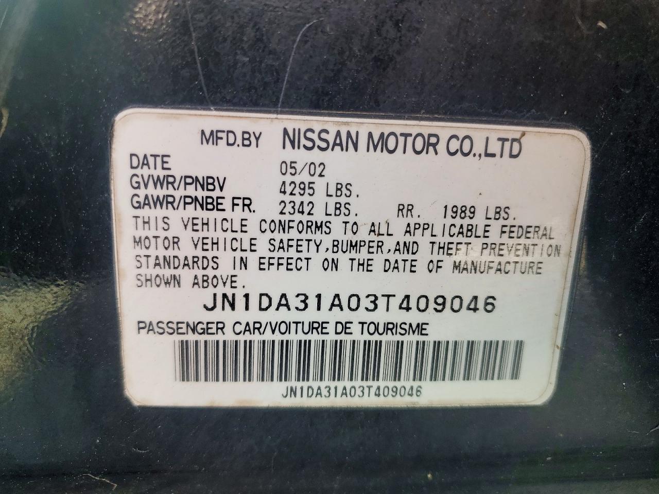 2003 Nissan Maxima Gxe Black vin: JN1DA31A03T409046