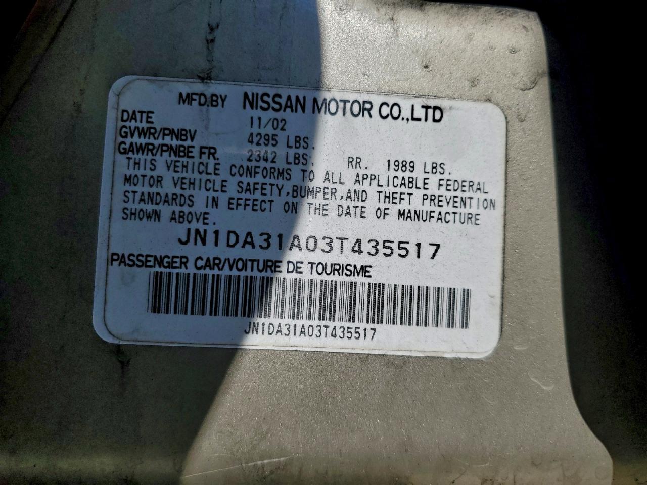 2003 Nissan Maxima Gle Tan vin: JN1DA31A03T435517